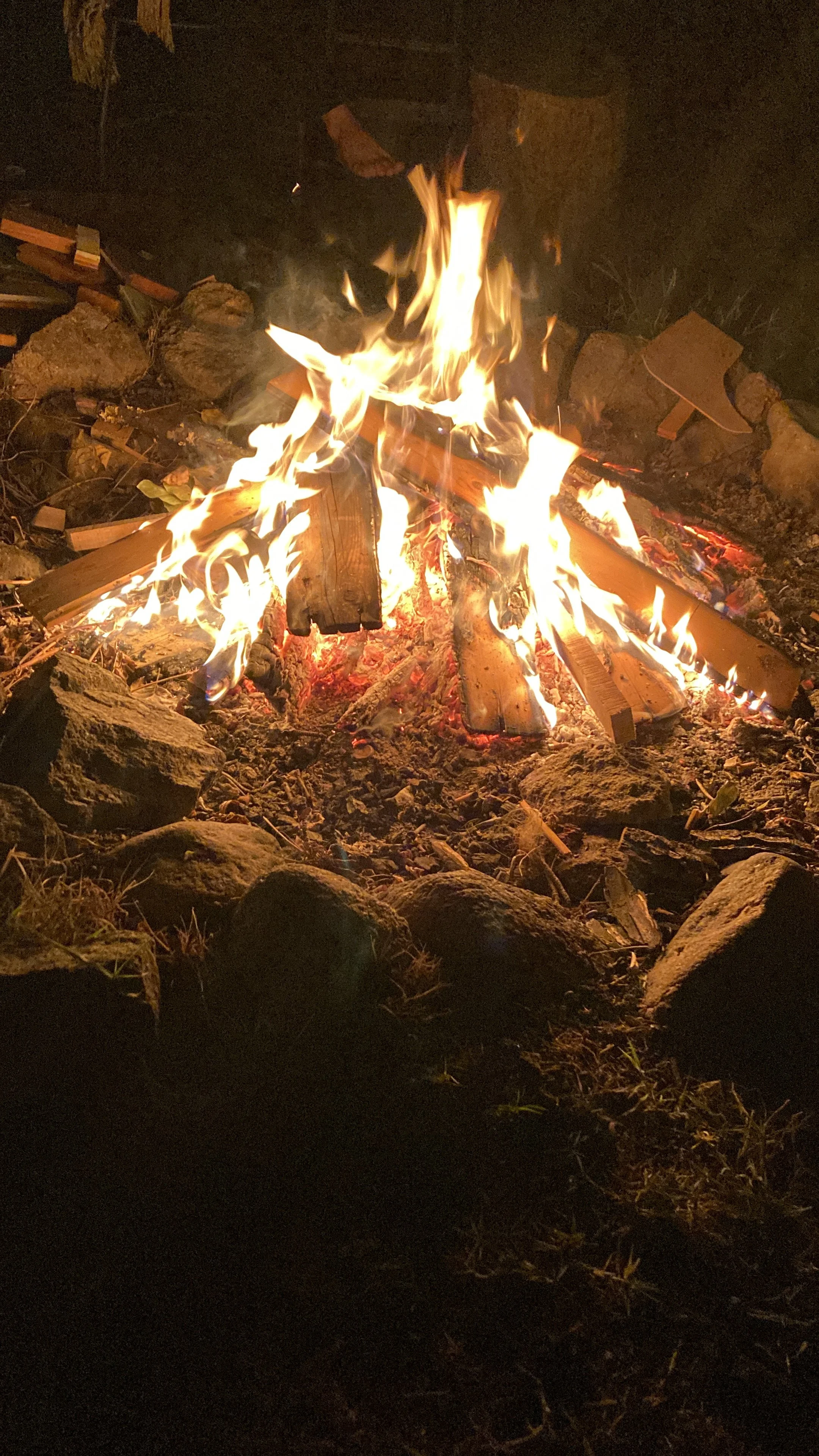 A campfire burning with wooden logs and surrounded by rocks.