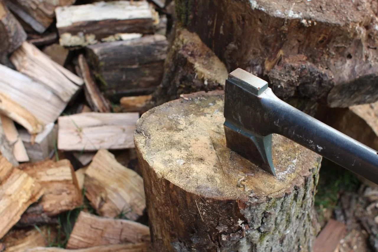 Split wood logs and an axe stuck into a chopped tree stump