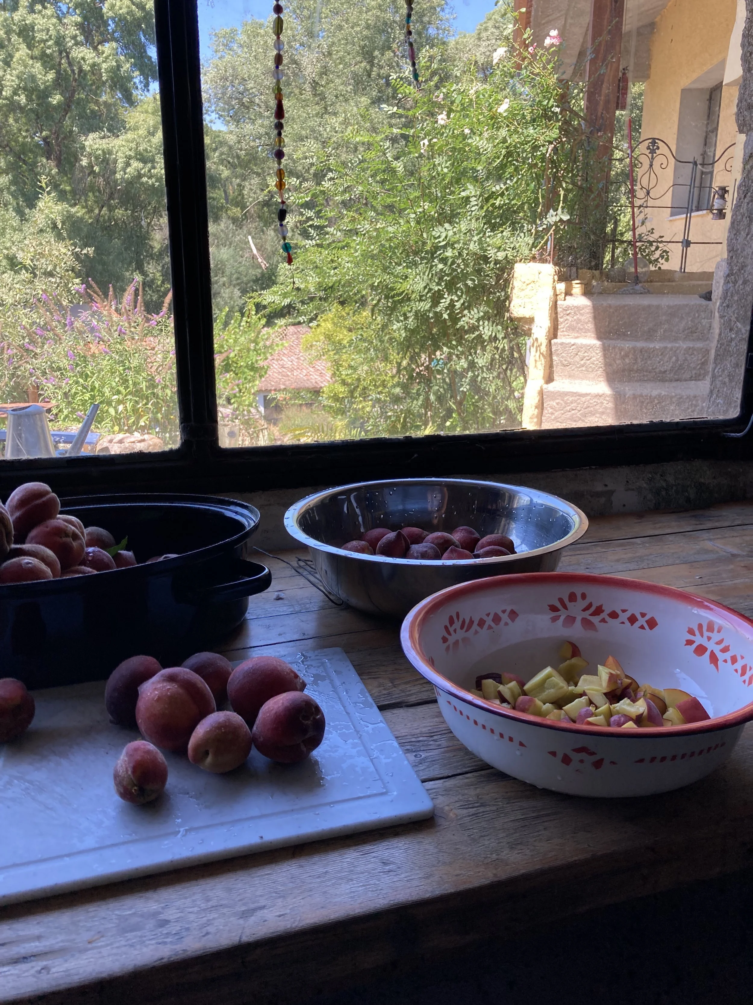 A kitchen window view showing a table with bowls of peaches and cut fruit, surrounded by trees and a house exterior with stone stairs.