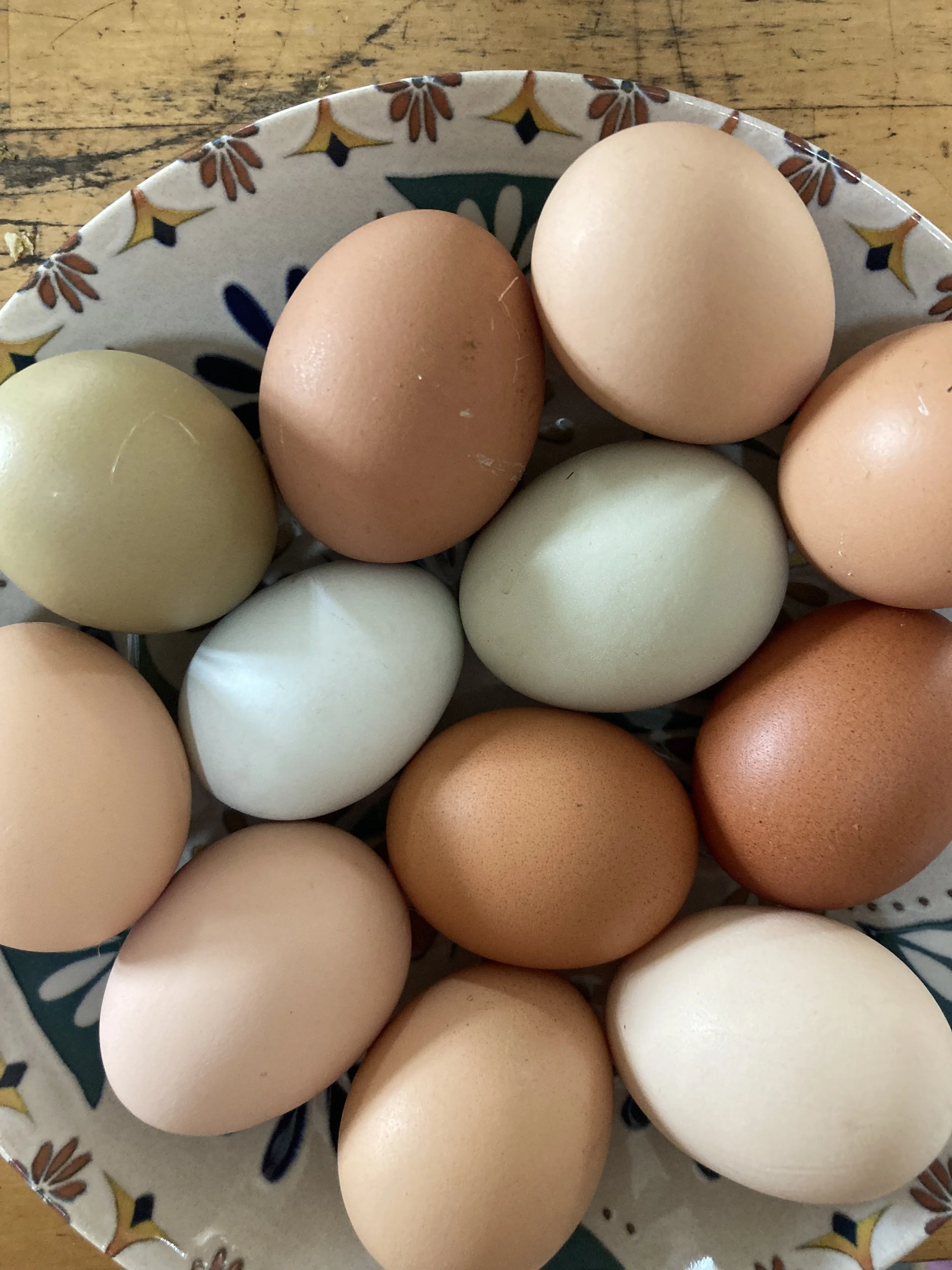 A decorative bowl filled with various eggs, including brown, white, and pale green eggs, placed on a wooden surface.