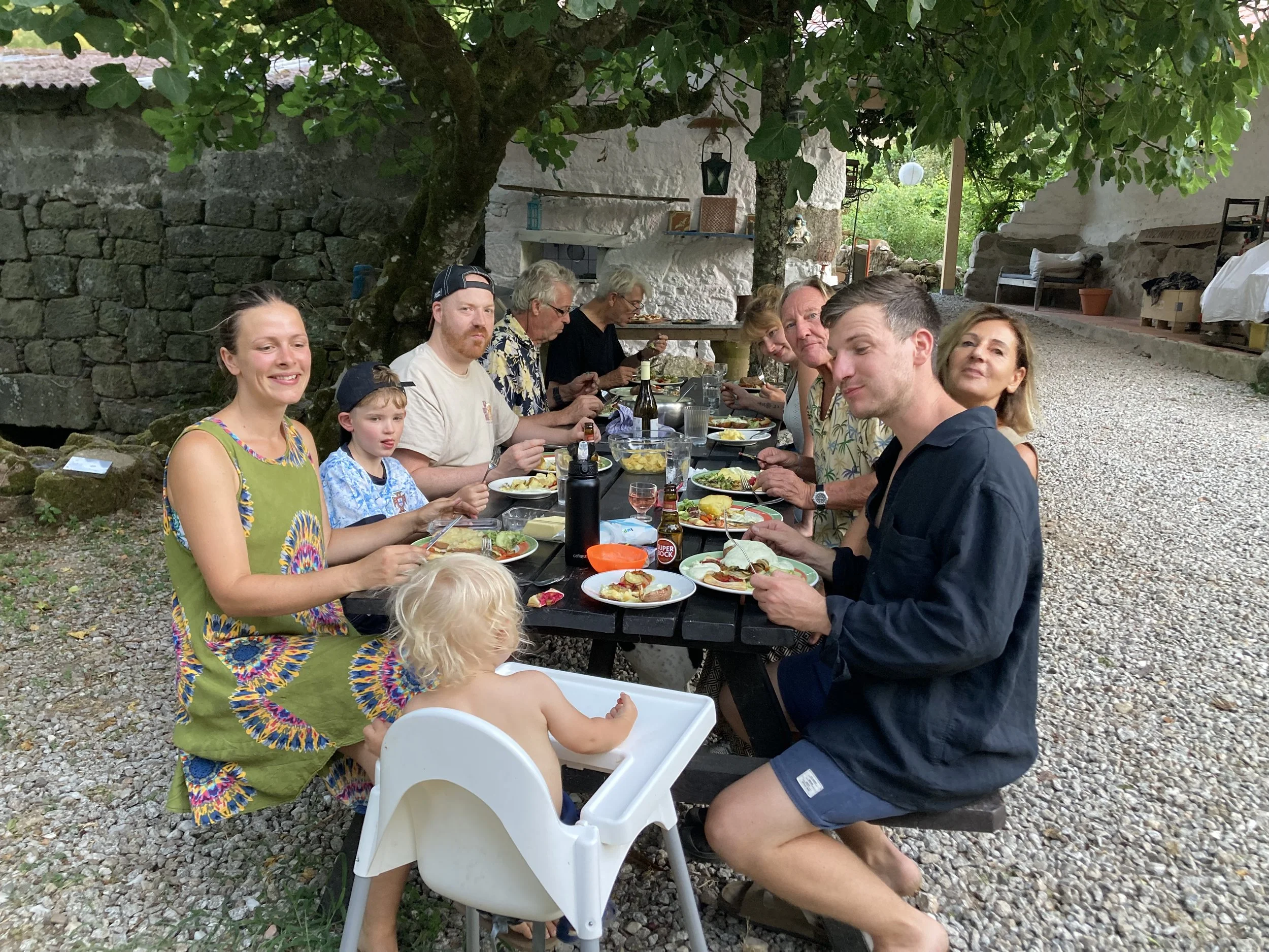 A group of people sitting at a long outdoor table enjoying a meal under a large tree. There are various dishes and drinks on the table, and the setting appears to be a backyard or garden area with stone walls and greenery.