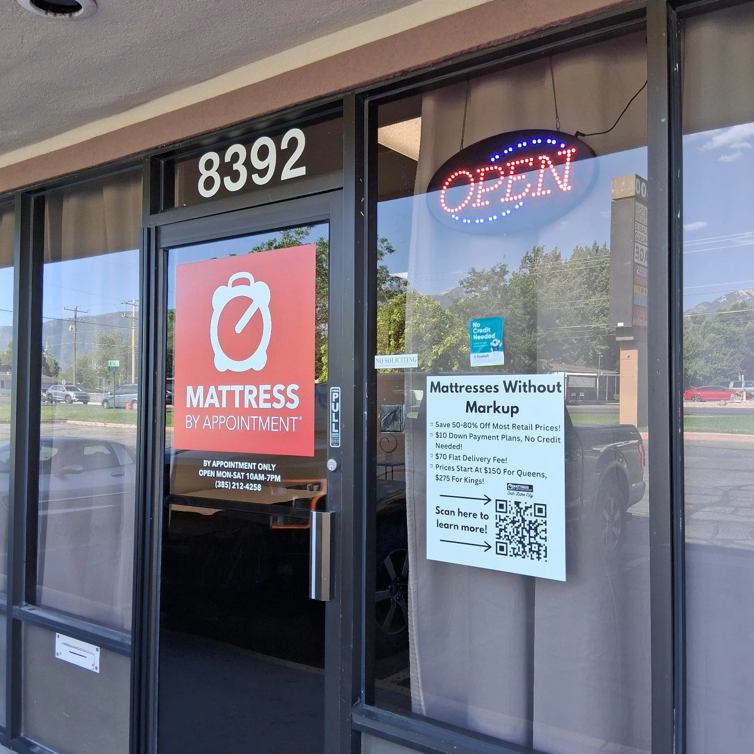 Mattress By Appointment Salt Lake City Storefront Exterior With QR Code Vinyl Sticker Decal With Value Promotions