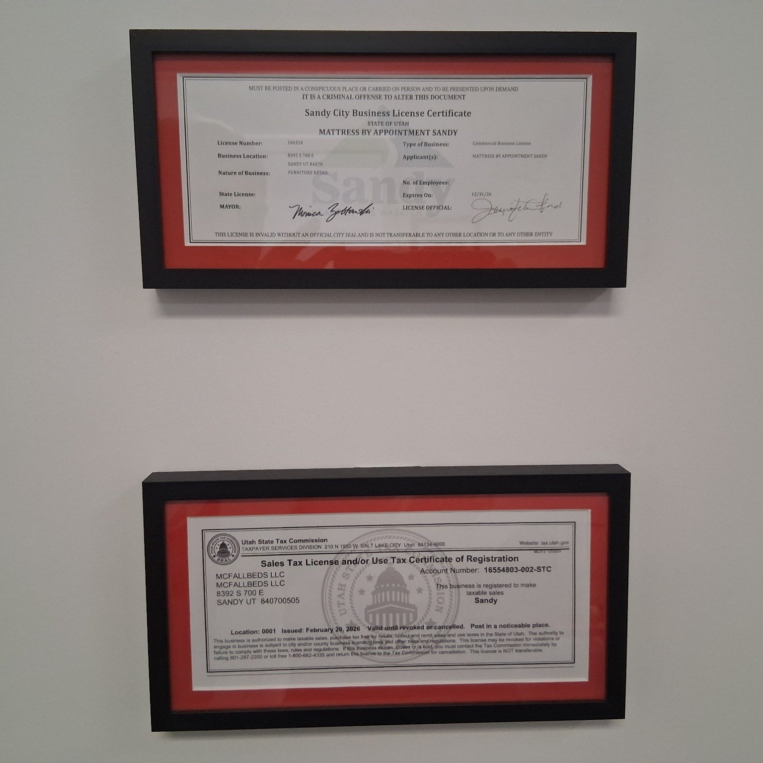 Mattress By Appointment Sandy, Mattress By Appointment Salt Lake City, Framed Business License And Sales Tax License