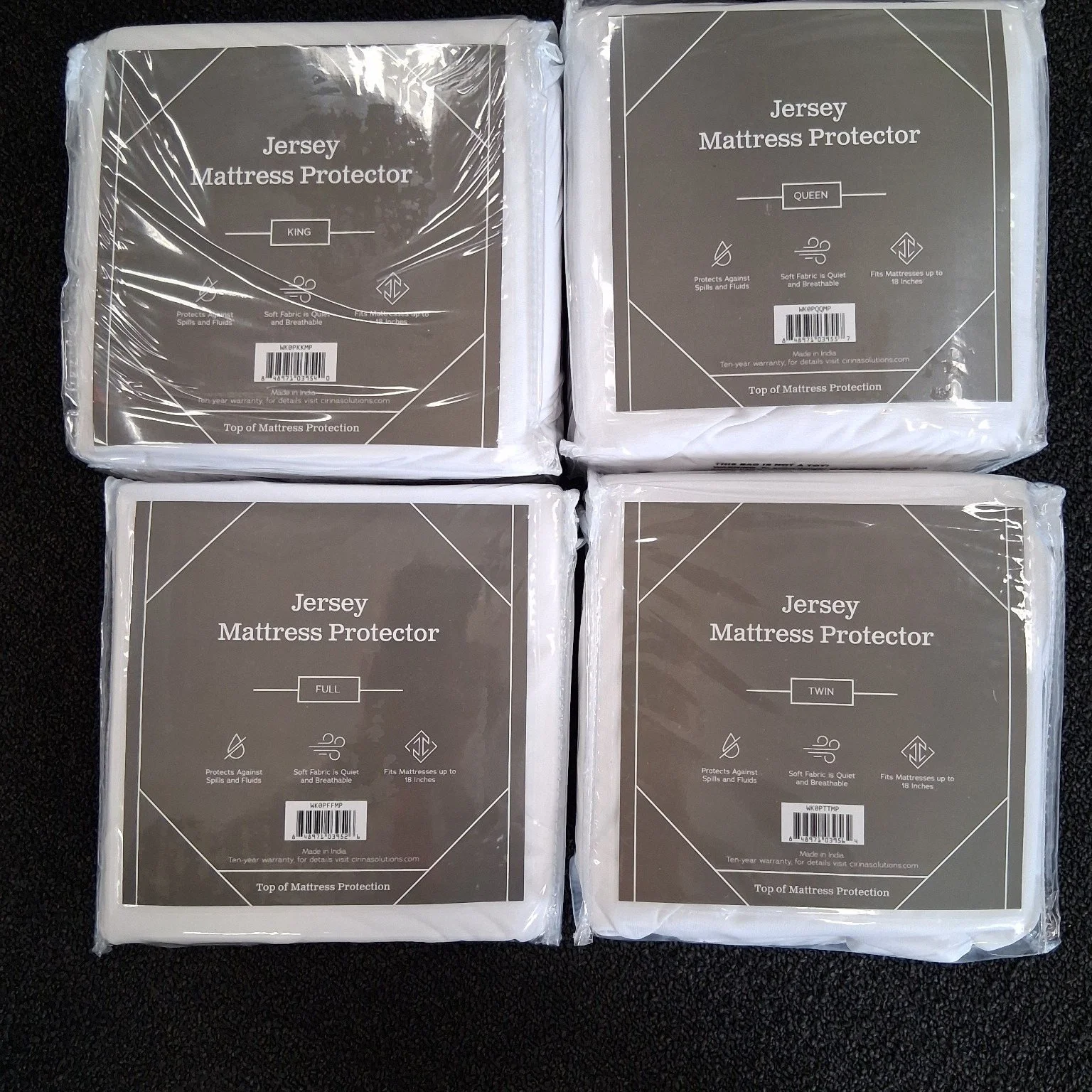 Packaged Weekender Jersey Mattress Protectors in twin, full, queen, and king sizes at Mattress By Appointment Salt Lake City.