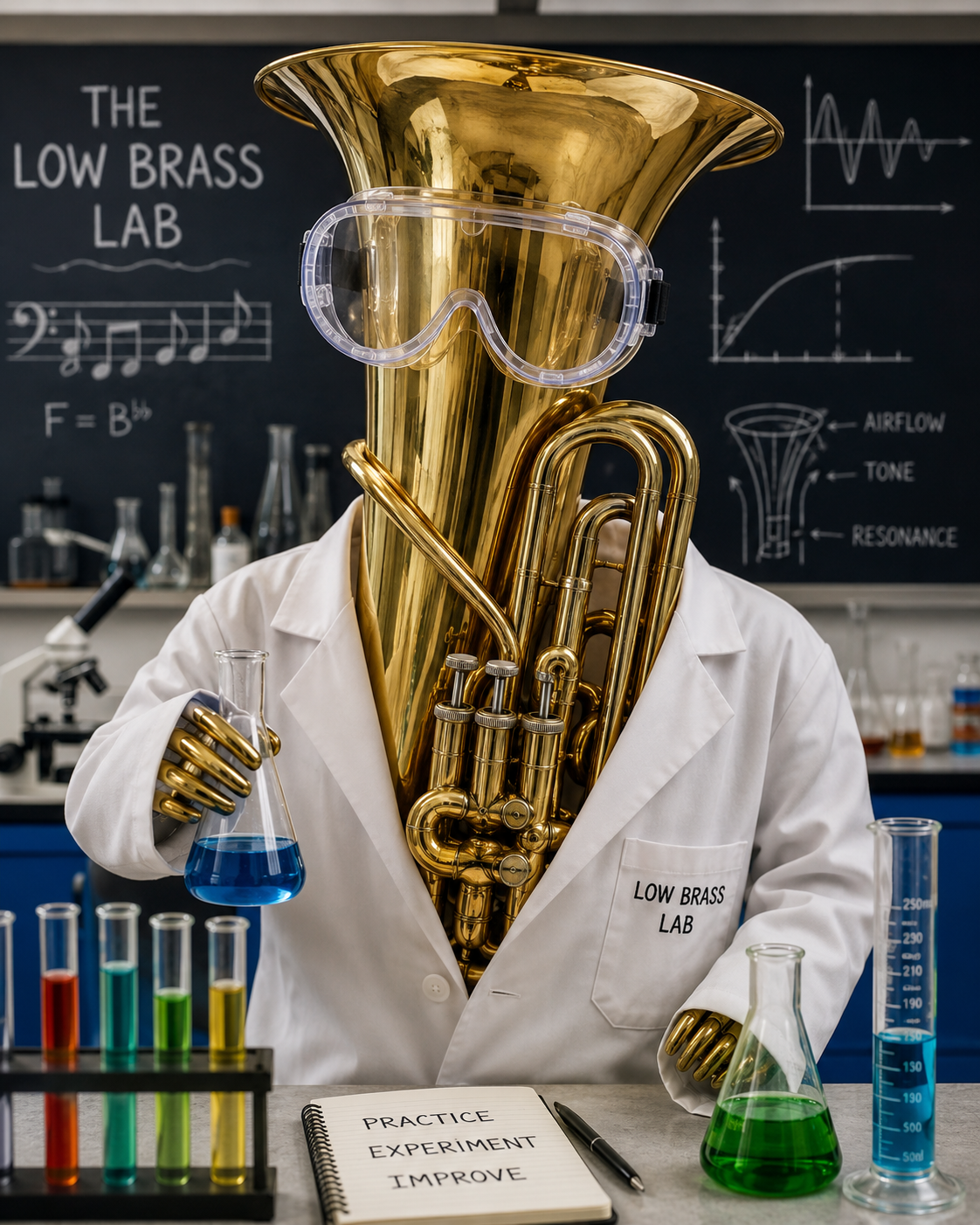 Tuba wearing a white lab coat with 'Low Brass Lab' label and safety goggles, holding a beaker with blue liquid in a science laboratory.