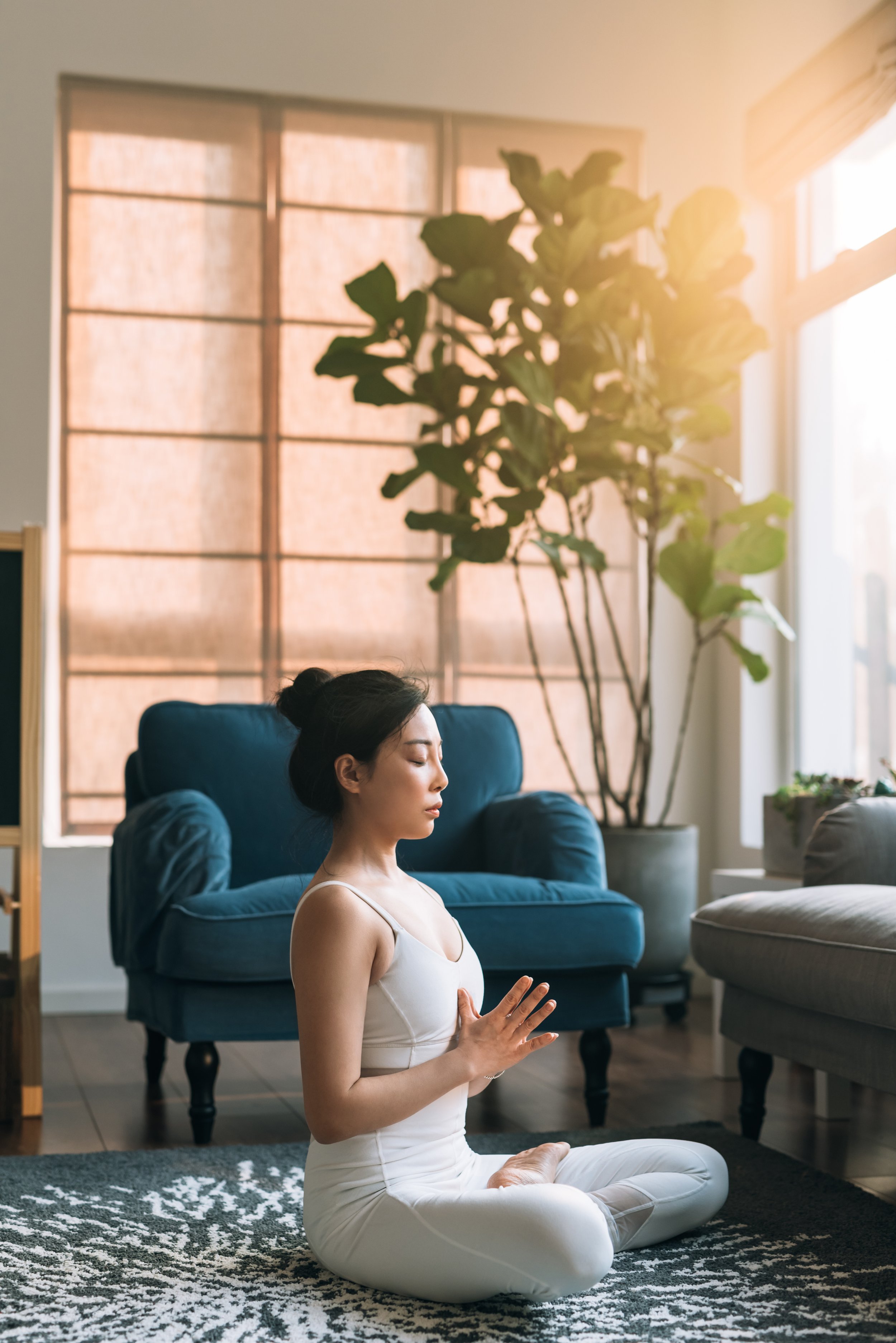 A woman practicing meditation in a living room with a large plant and sunlight coming through windows.