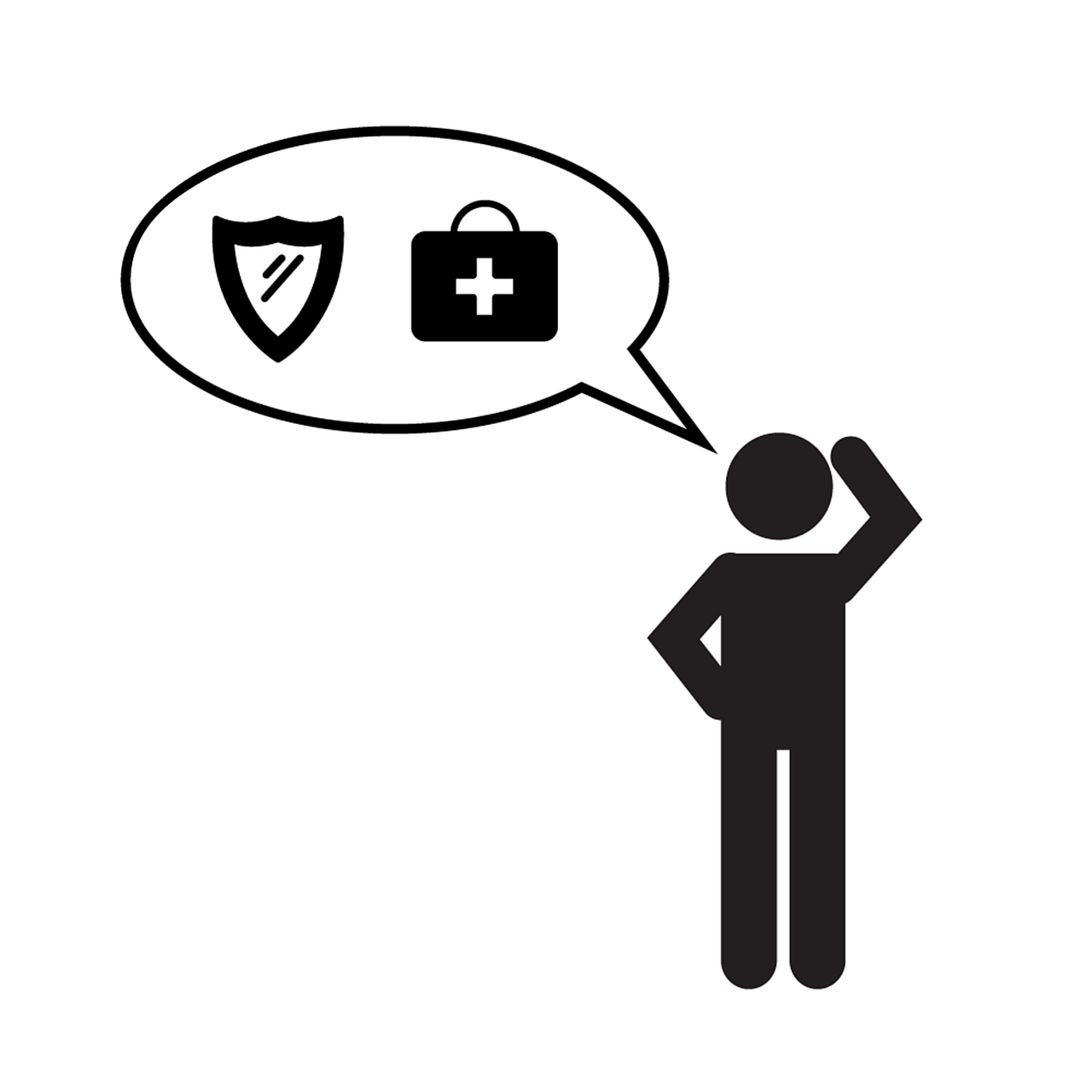 Silhouette of a person with one hand on head, in a speech bubble with shield and medical bag icons.