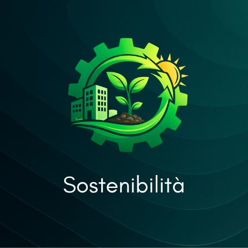Simbolo di sostenibilità con una foglia, edifici, sole e ingranaggi verdi