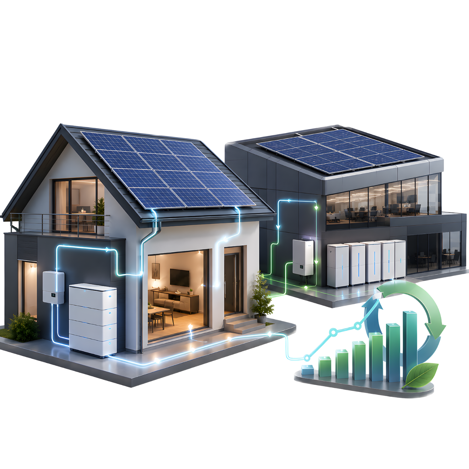 Casa moderna con pannelli solari sul tetto, tecnologie di energia e sistemi di storage, grafico con crescita e foglie che rappresentano energia sostenibile.