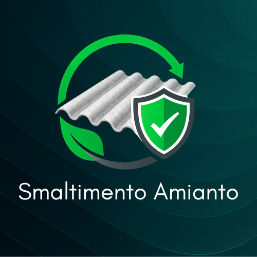 Icona che rappresenta lo smaltimento dell'amianto con una lastra di amianto, una foglia verde, uno scudo con una spunta e una freccia circolare