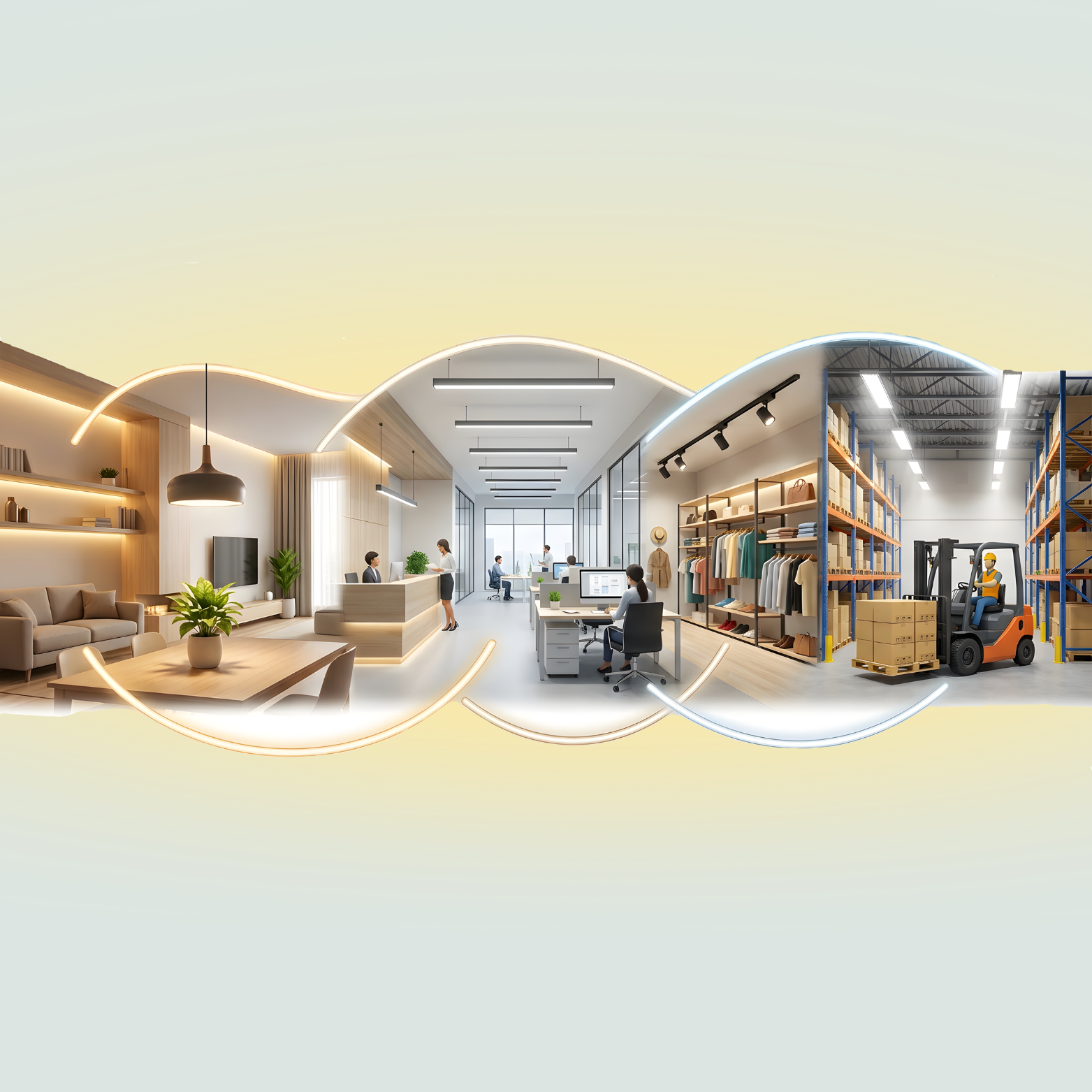 Interno di un ufficio con zona relax, postazioni di lavoro con computer, scaffalature con prodotti e un montacarichi con carico