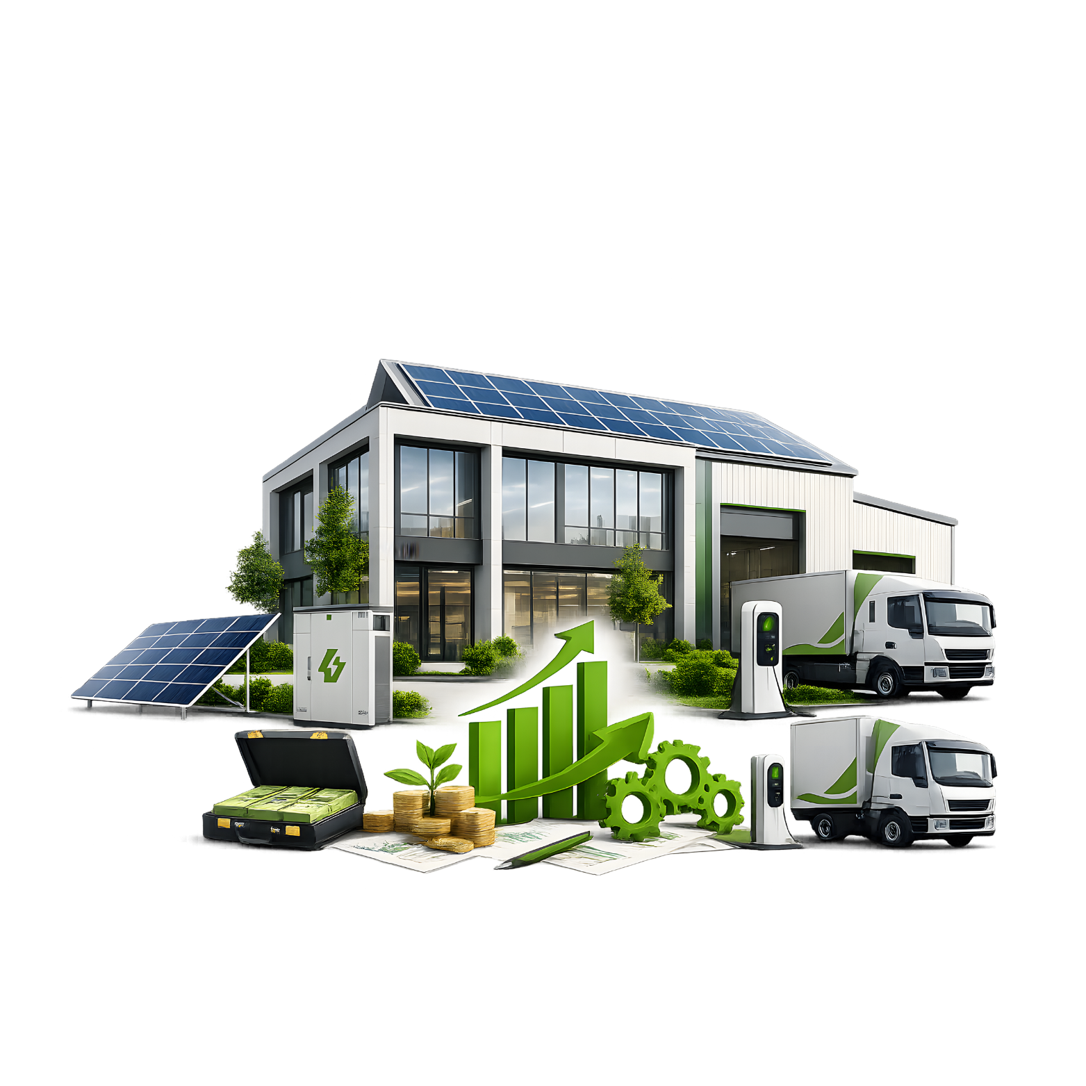 Casa moderna con pannelli solari sul tetto, auto elettrica e grafico di crescita verde con foglie, soldi e strumenti di energia sostenibile.