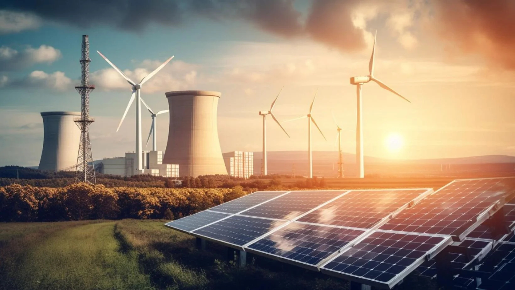 Impianti di energia rinnovabile con pannelli solari e turbine eoliche in un paesaggio al tramonto.