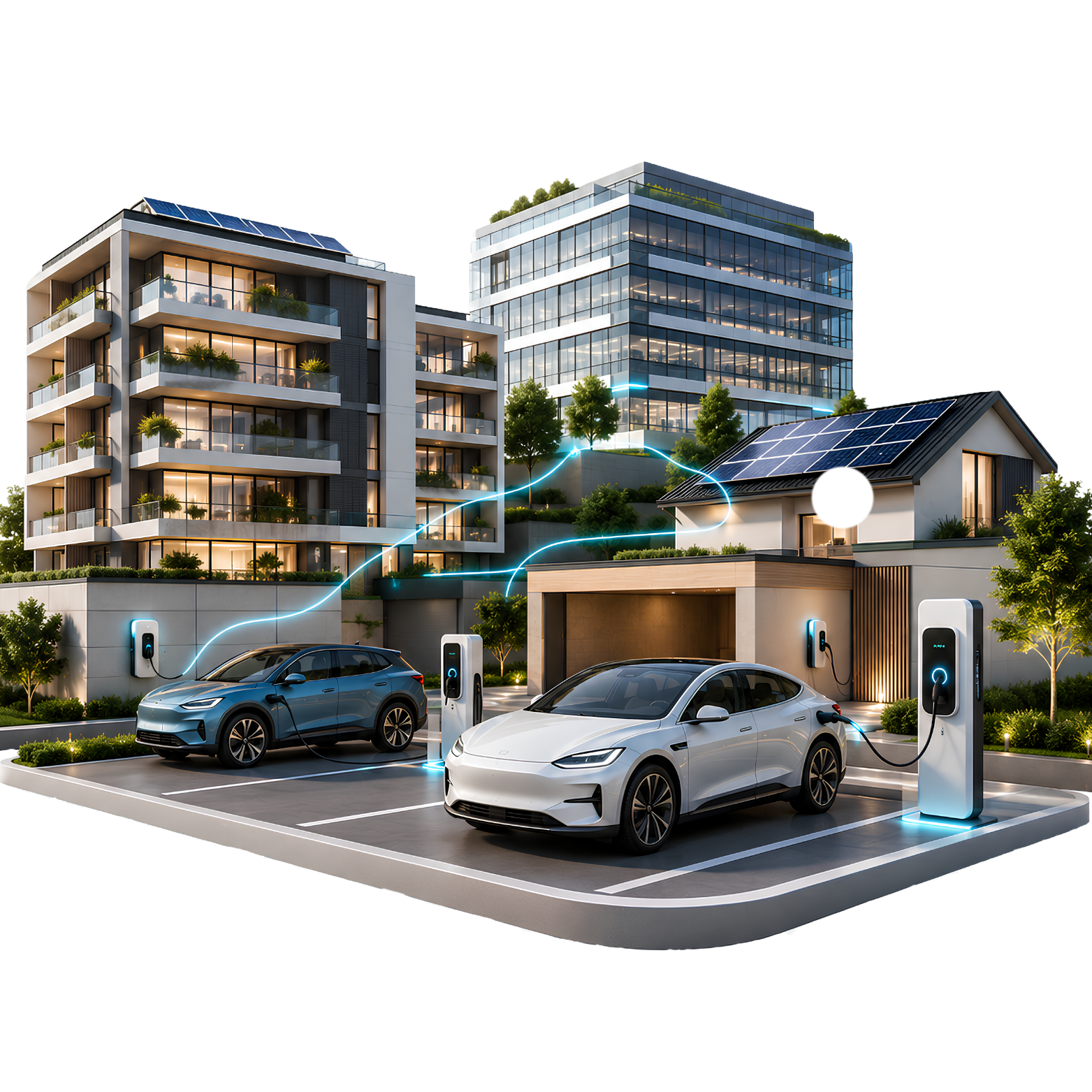 Due auto elettriche in fase di ricarica in un parcheggio urbano, con edifici residenziali e uffici sullo sfondo, collegati a stazioni di ricarica grazie a linee luminose blu che rappresentano la connessione elettrica.
