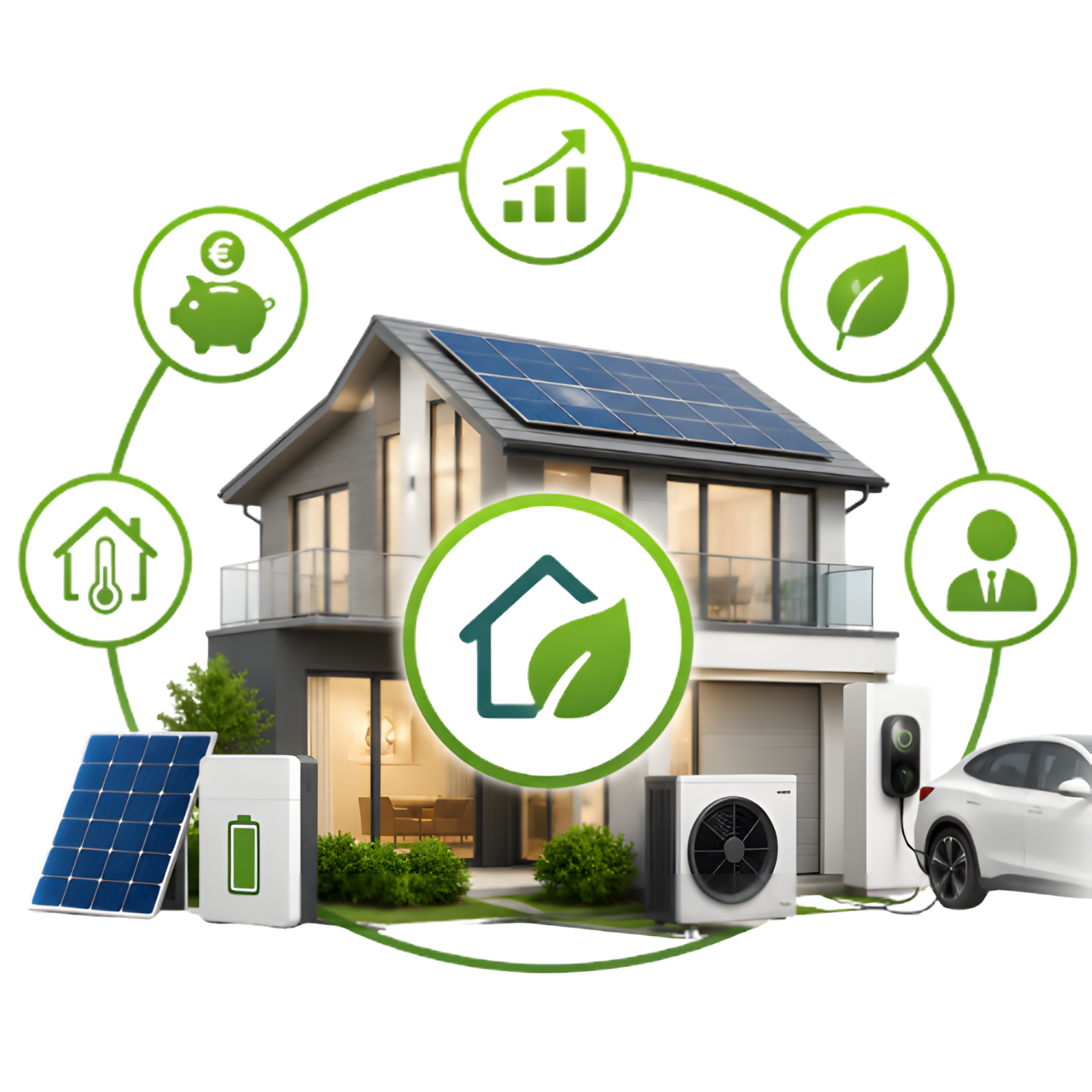 Casa moderna con pannelli solari sul tetto, circondata da simboli di energie rinnovabili, efficienza energetica, risparmio, sostenibilità, e gestione energetica, con un'auto elettrica collegata a una stazione di ricarica a energia solare.
