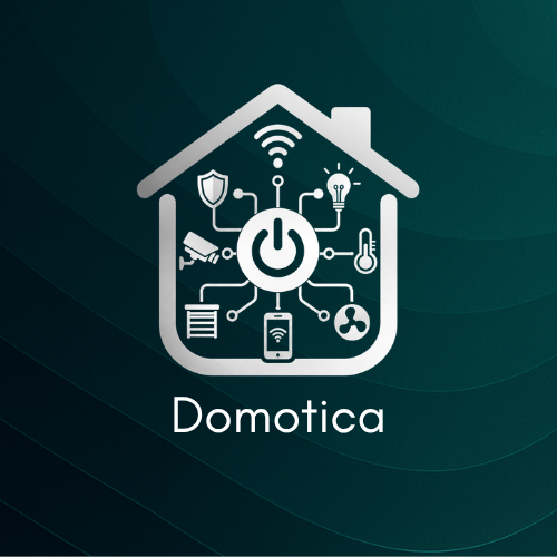 Icona di una casa intelligente con vari simboli di sicurezza, energia, climatizzazione e connettività, e la scritta "Domotica" sotto.