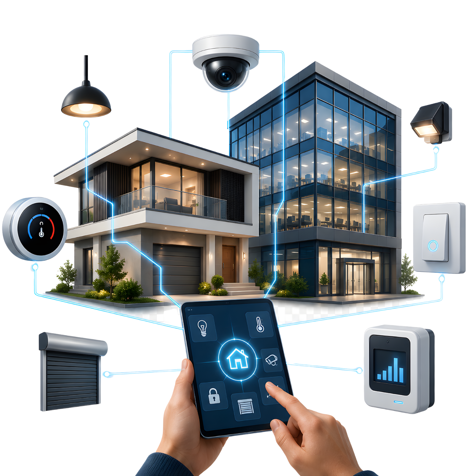 Rappresentazione di una casa intelligente con dispositivi connessi come telecamere di sorveglianza, termostato smart, luci, e un'applicazione mobile che controlla vari sistemi della casa.