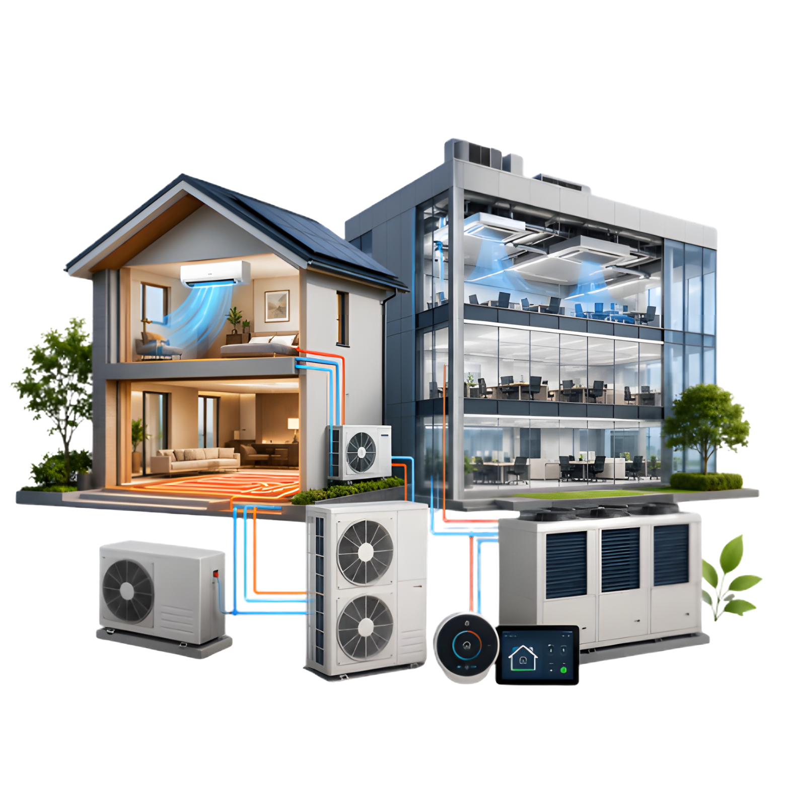 Immagine di una casa e di un edificio aziendale con sistemi di climatizzazione, tra cui unità esterne, interni e sistemi di controllo smart, che illustrano una soluzione integrata di riscaldamento, raffreddamento e automazione domestica.