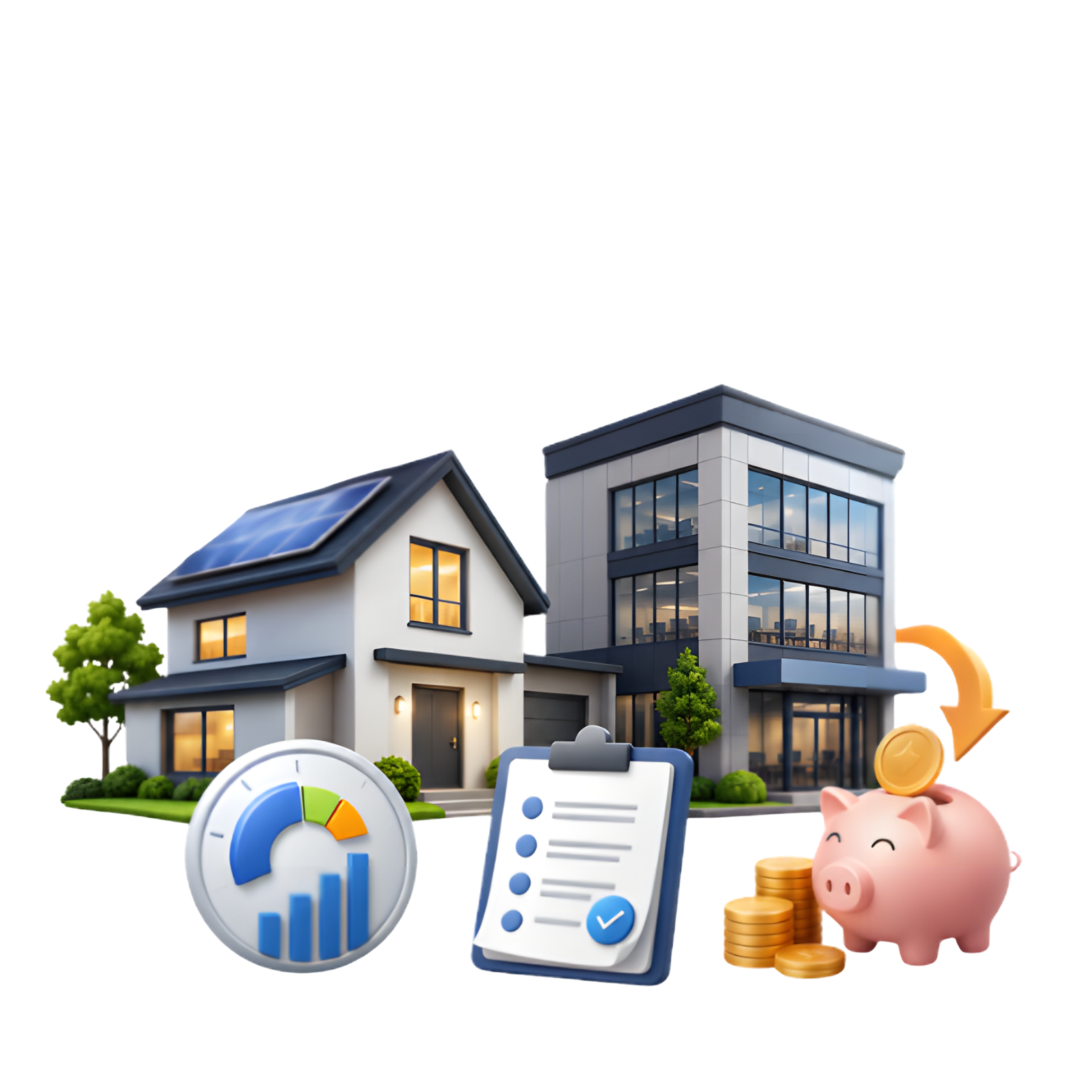 immagine rappresentante una casa moderna e una casa tradizionale con elementi come grafici a torta, lista di controllo, borsa con soldi, maialino con monete, e simboli di risparmio e investimento.