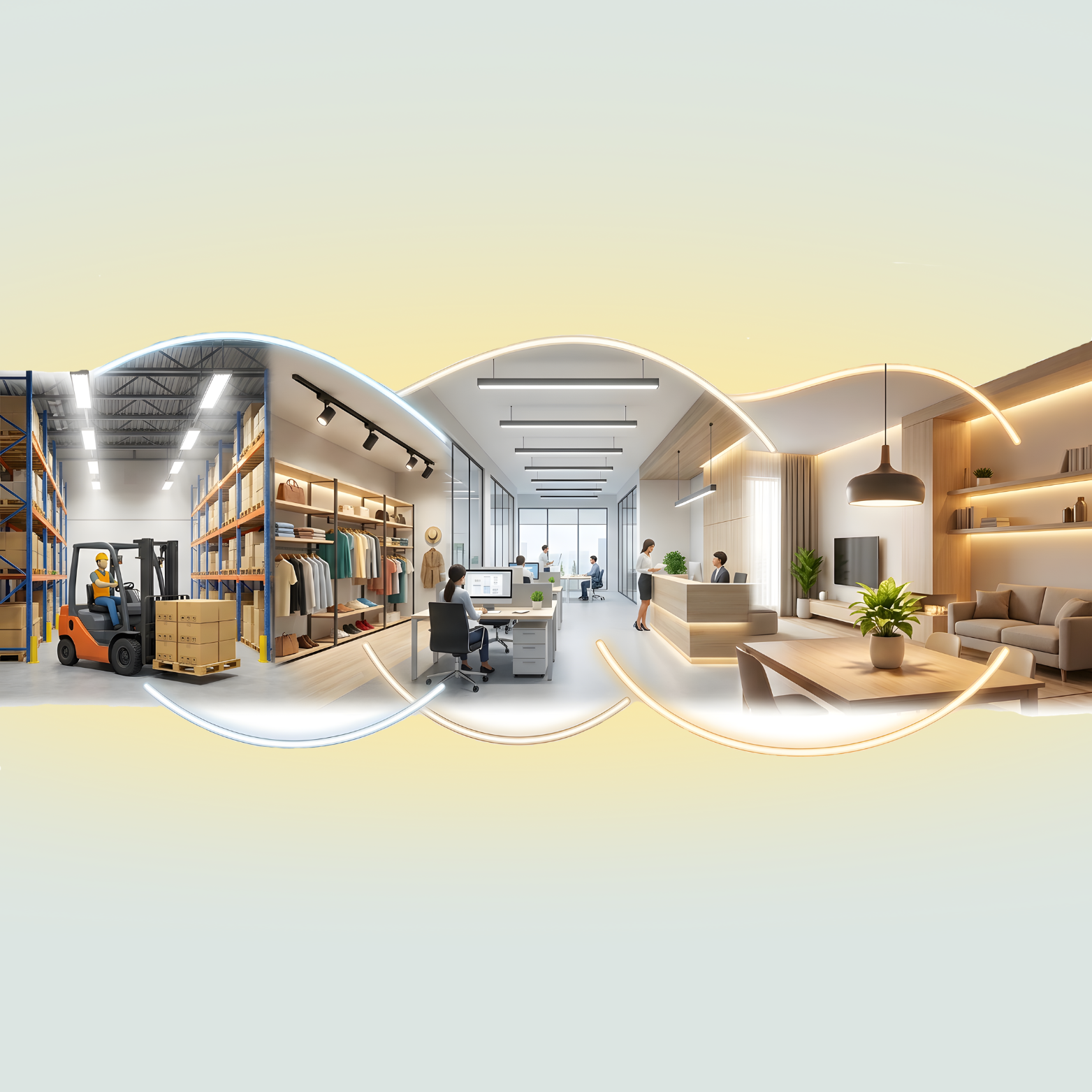 Interno di un'azienda con area di magazzino a sinistra e uffici e area lounge a destra, con persone al lavoro e un'illuminazione moderna.