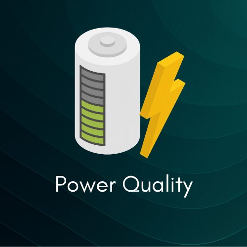 Icona di una batteria carica e un fulmine giallo, con la scritta "Power Quality".