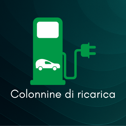 Simbolo di una colonnina di ricarica per veicoli elettrici con un'auto e cavo di ricarica, testo "Colonnine di ricarica".
