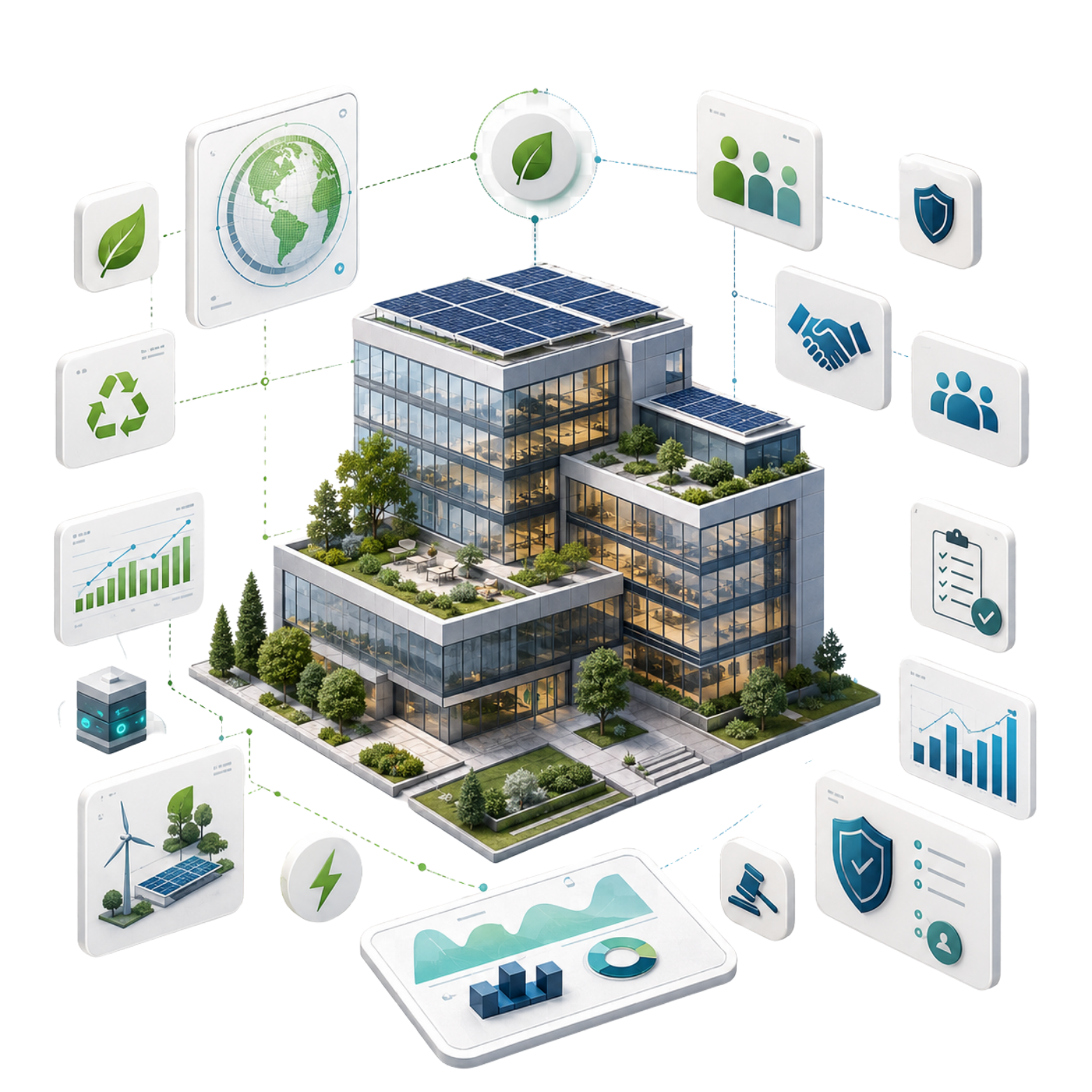 Edificio moderno con pannelli solari sul tetto, circondato da graphical data e icone che rappresentano sostenibilità, sicurezza, collaborazione e energia rinnovabile.