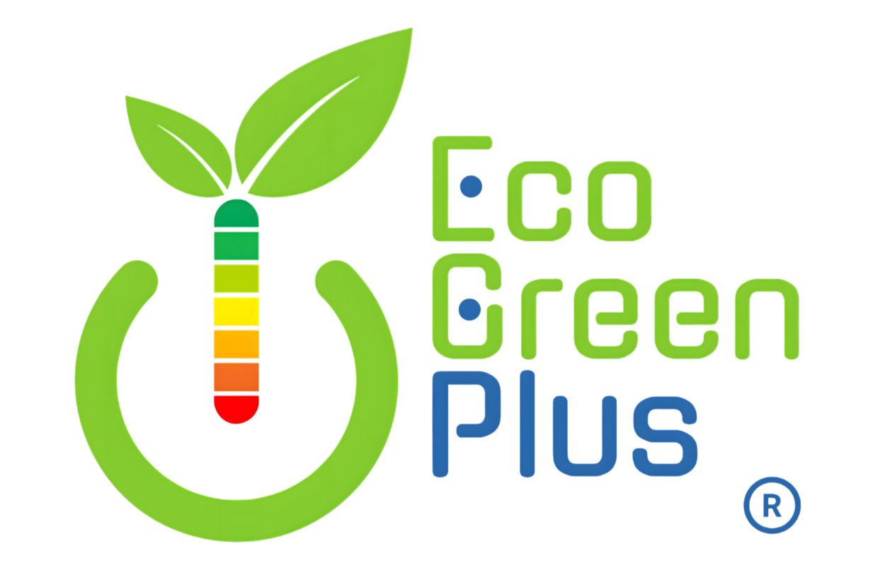 Logo di Eco Green Plus con un'icona di una foglia verde sopra un'illustrazione di termometro colorato e testo verde e blu.