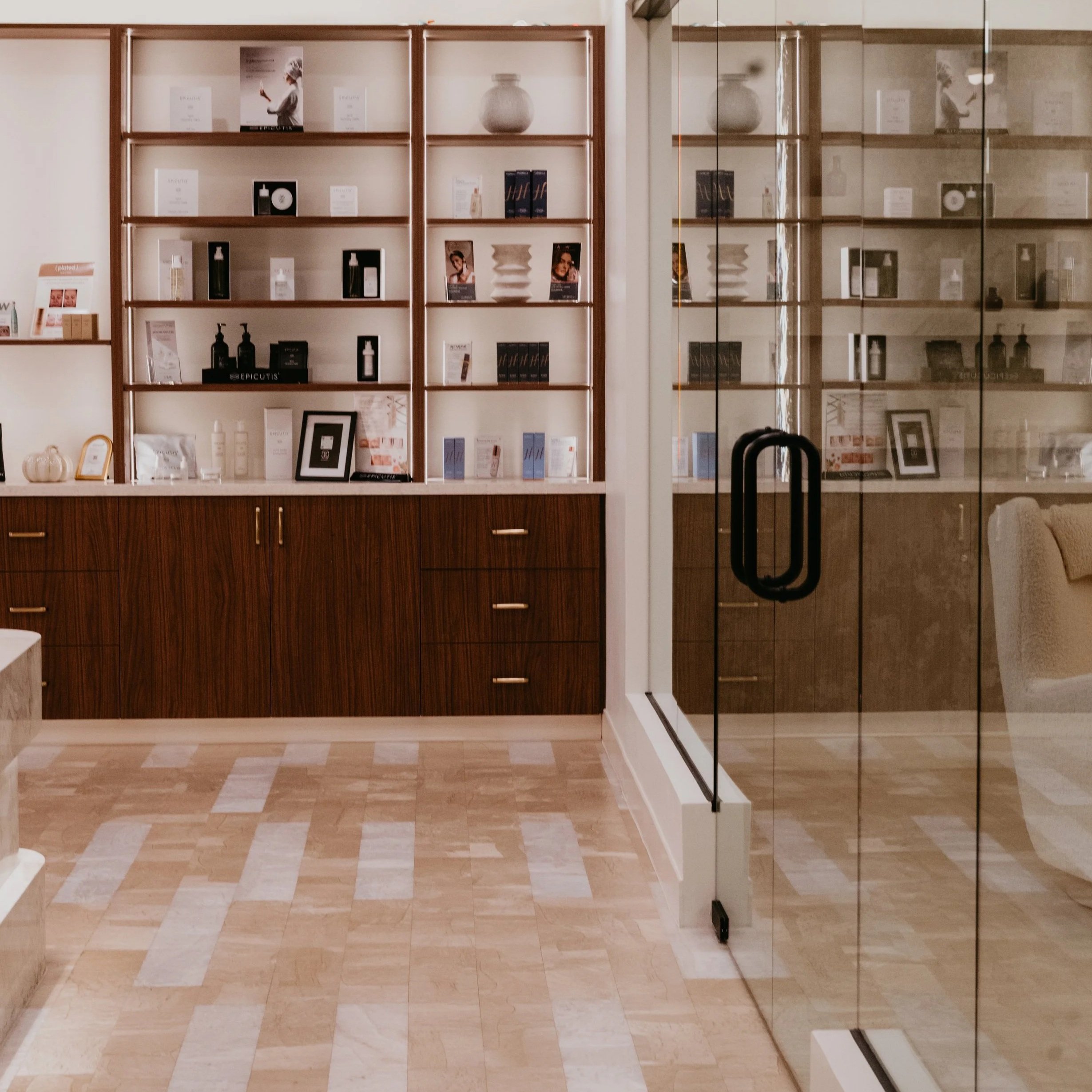 Medical-grade skincare products displayed at Estetica Wellness & Medspa in Las Vegas