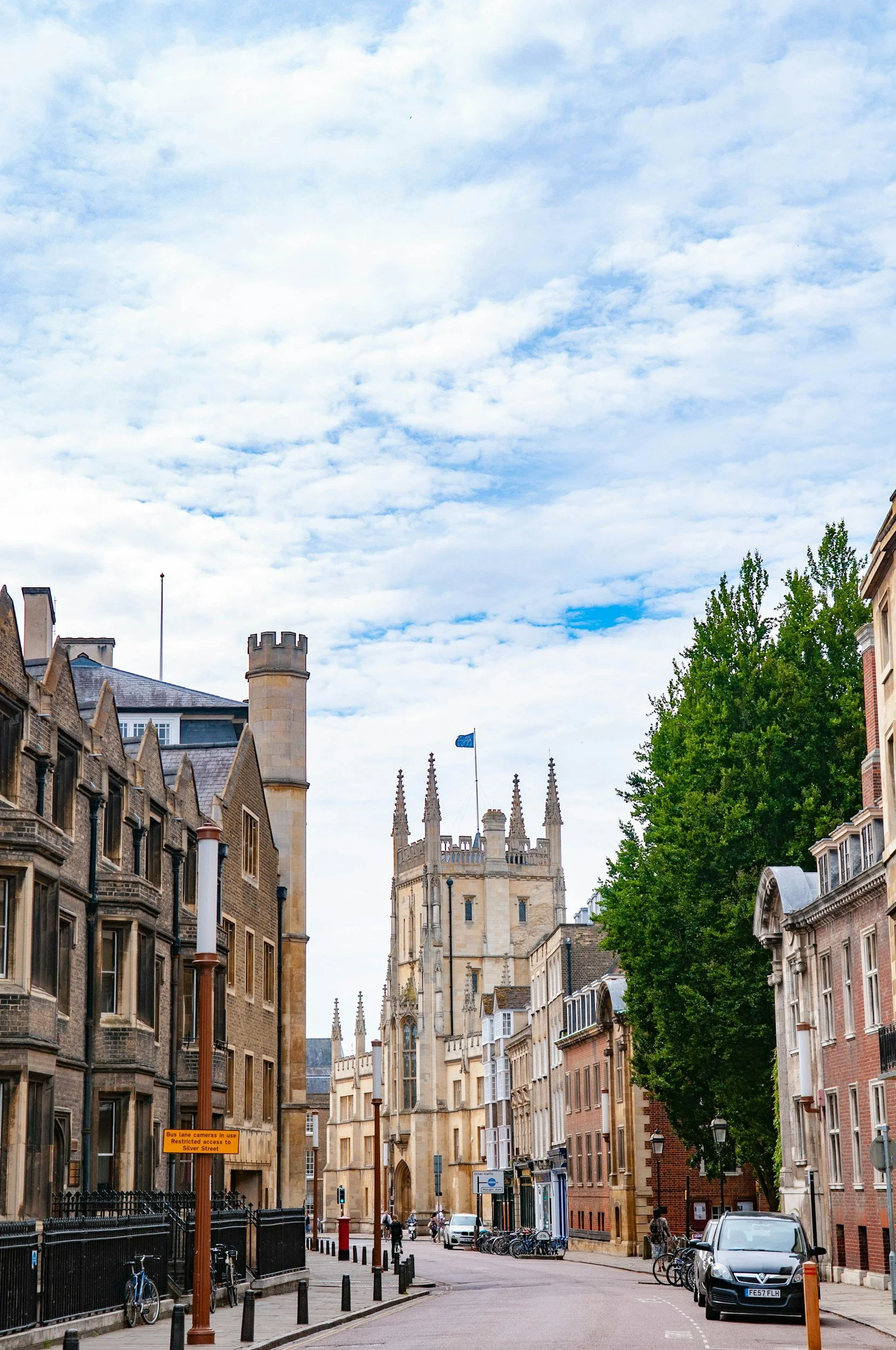 Street view with historic buildings, a church with spires, trees, and a cloudy sky in the background.
