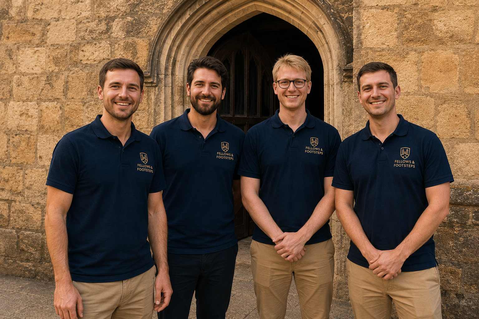 Four men standing in front of a stone building, wearing navy blue polo shirts with a logo, smiling at the camera.