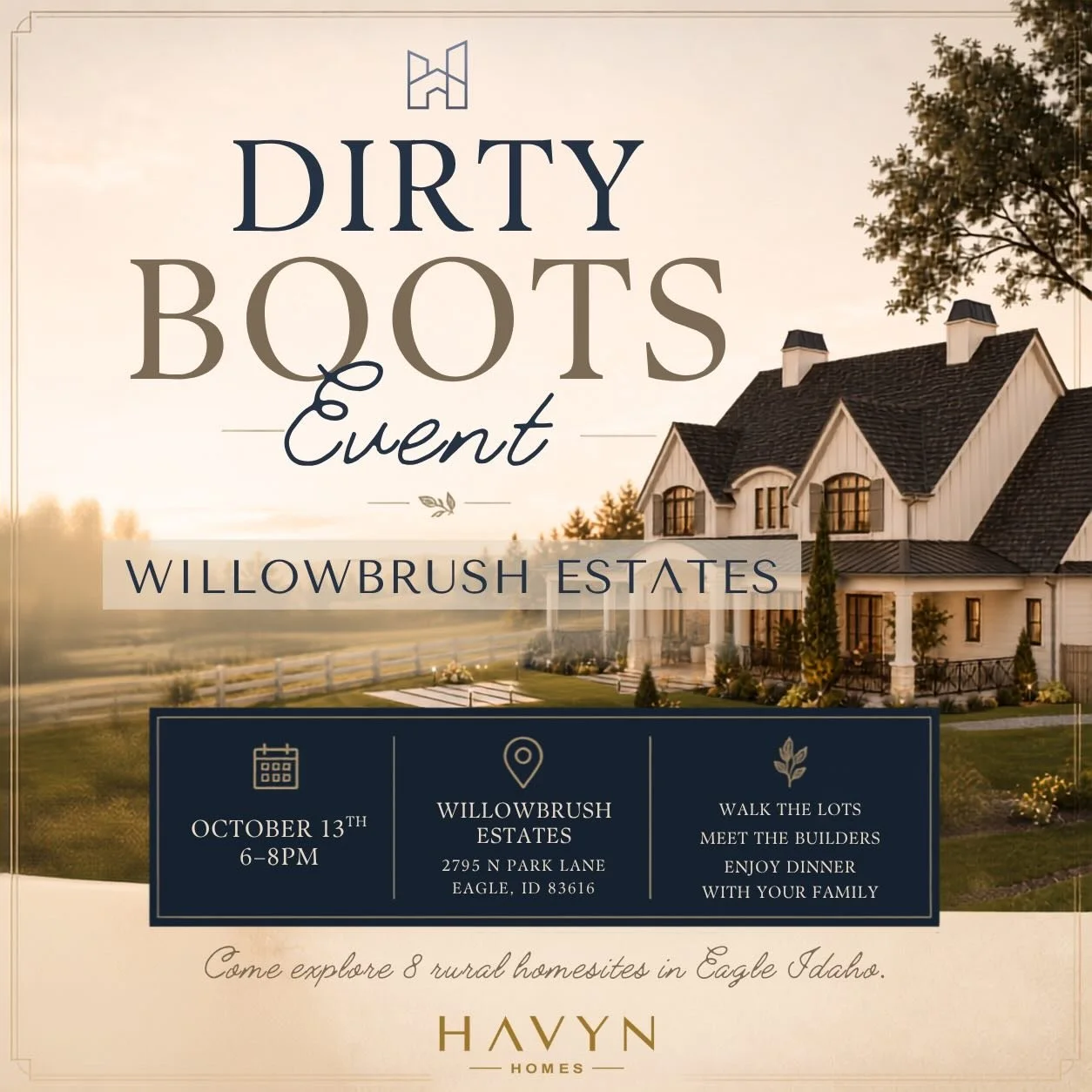 The boots are coming out. 🤠

Realtors, interested buyers, and families, join us for our Dirty Boots Event at Willowbrush Estates and experience what it could look like to build your home in one of Eagle&rsquo;s upcoming communities.

📅 October 13 |