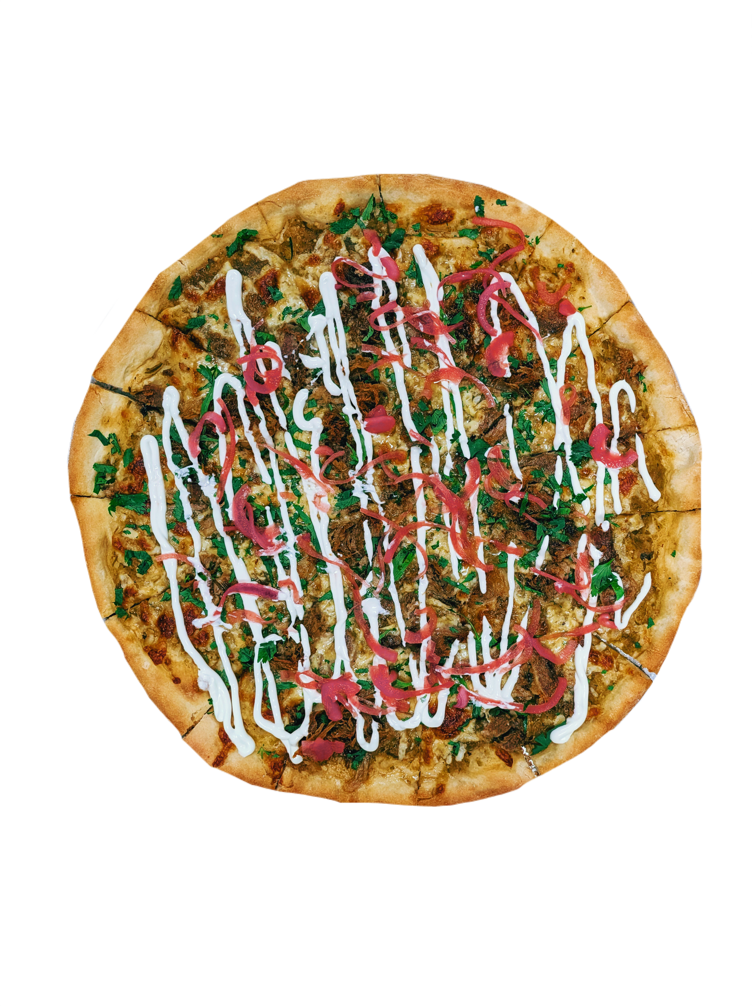 A pizza topped with chopped herbs, shredded meats, pickled onions, and drizzled with white and red sauces.