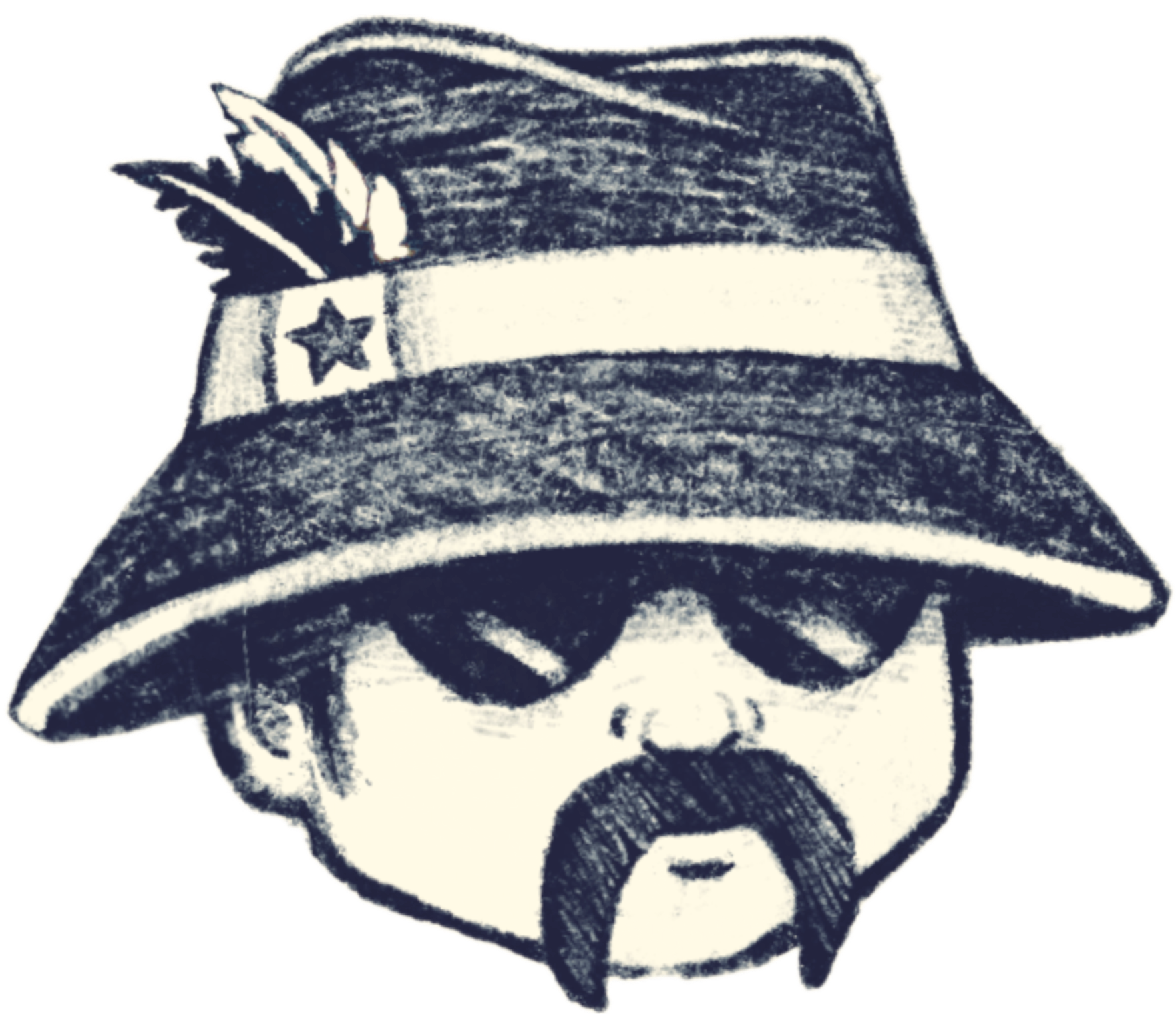 Drawing of a child with a blindfold, wearing a hat with a star and feathers, and glasses.