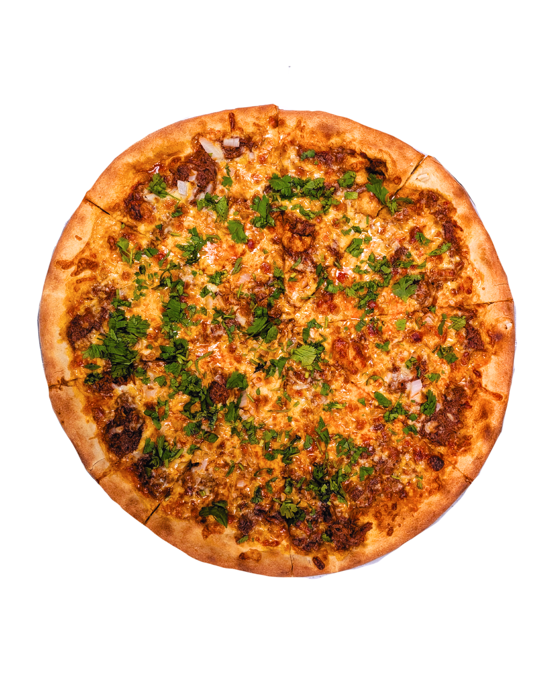 A pizza with a golden crust, topped with cheese, ground beef, onions, and sprinkled with cilantro, viewed from above.