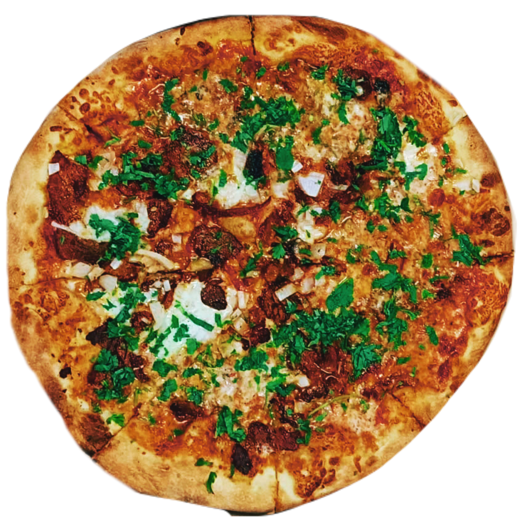 Close-up of a cooked pizza topped with cheese, chopped onions, cilantro, and dark spices, on a black surface.