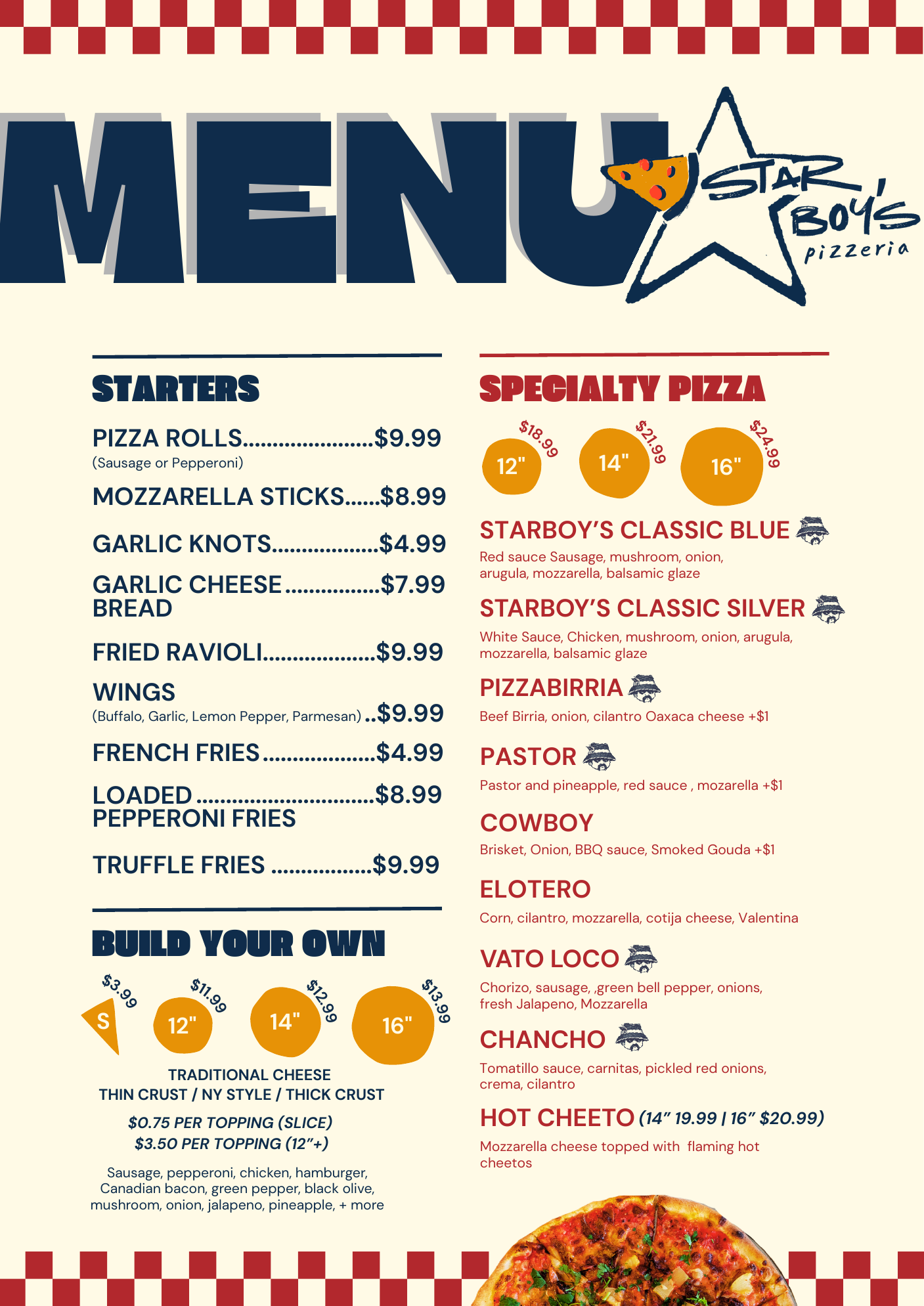 Section of a pizza restaurant menu with various starter and specialty pizza options, prices, and descriptions, including images of pizza sizes and a partially visible pizza at the bottom.