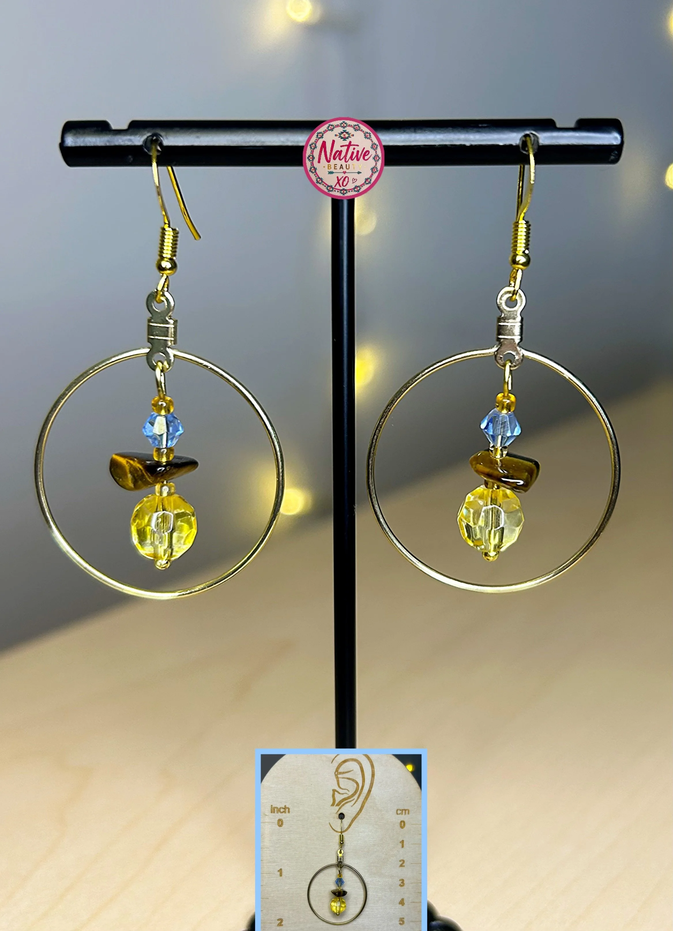 Beaded Tiger Eye & Blue Hoop earrings