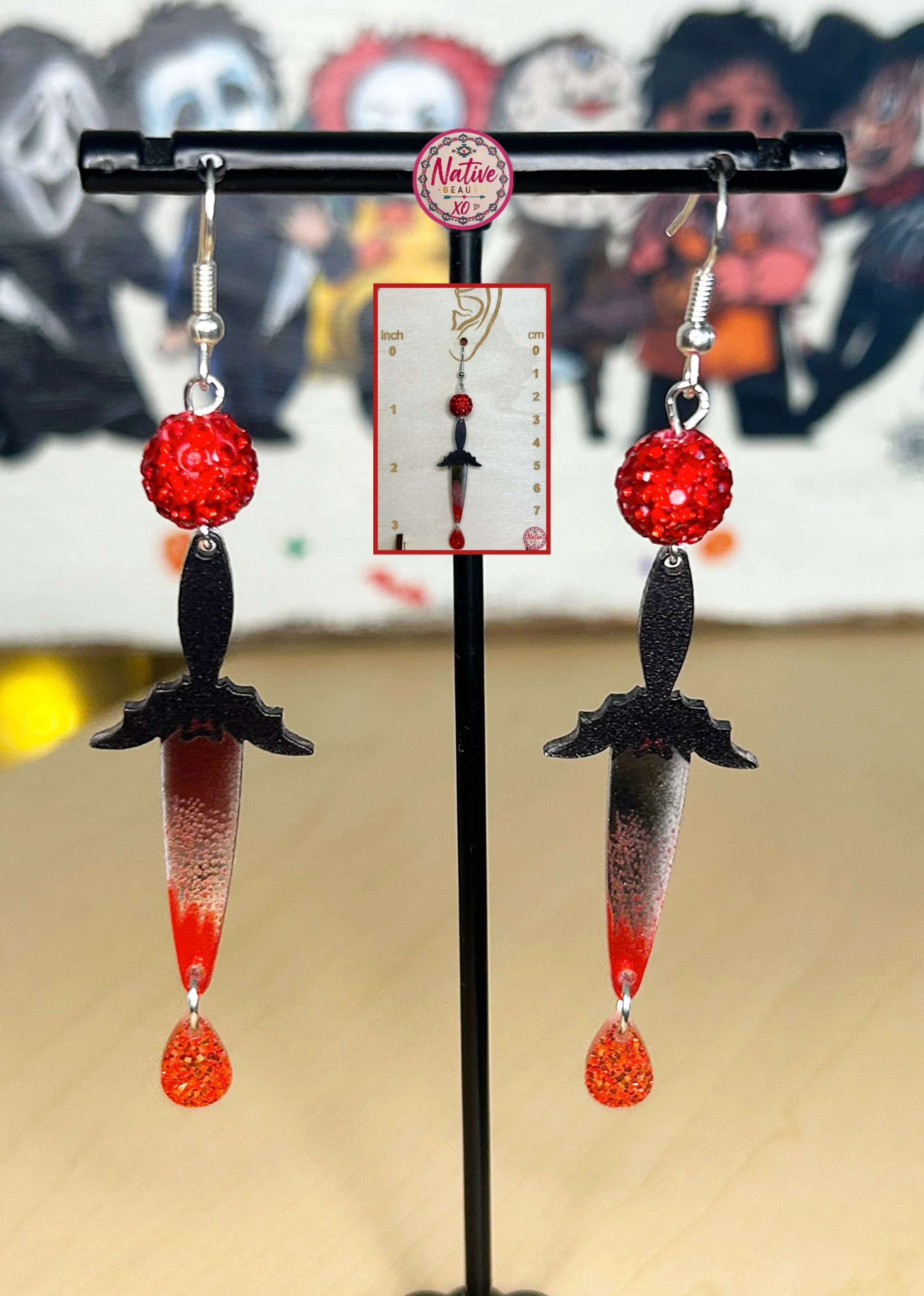 Bat Bloody Sword Rhinestone Dangle earrings