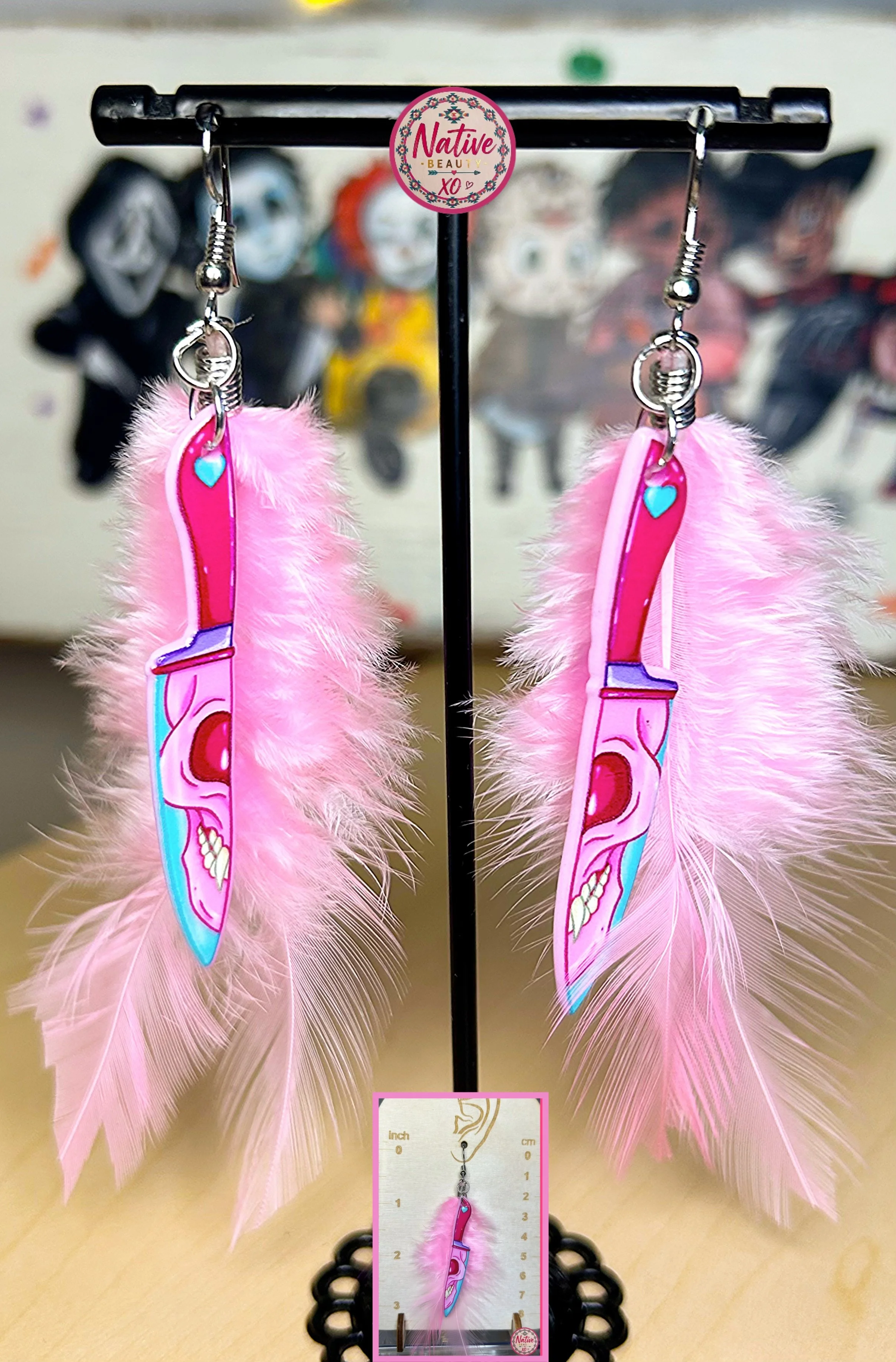 Pink Horror Knife Feather earrings