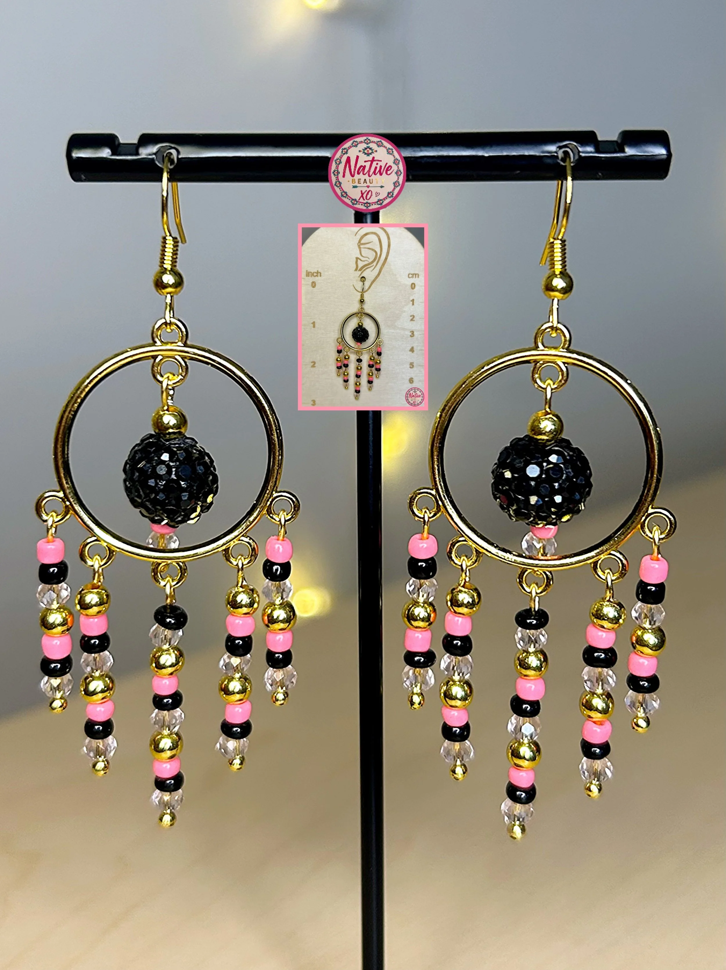 Pink & Black Beaded Chandelier Hoop earrings