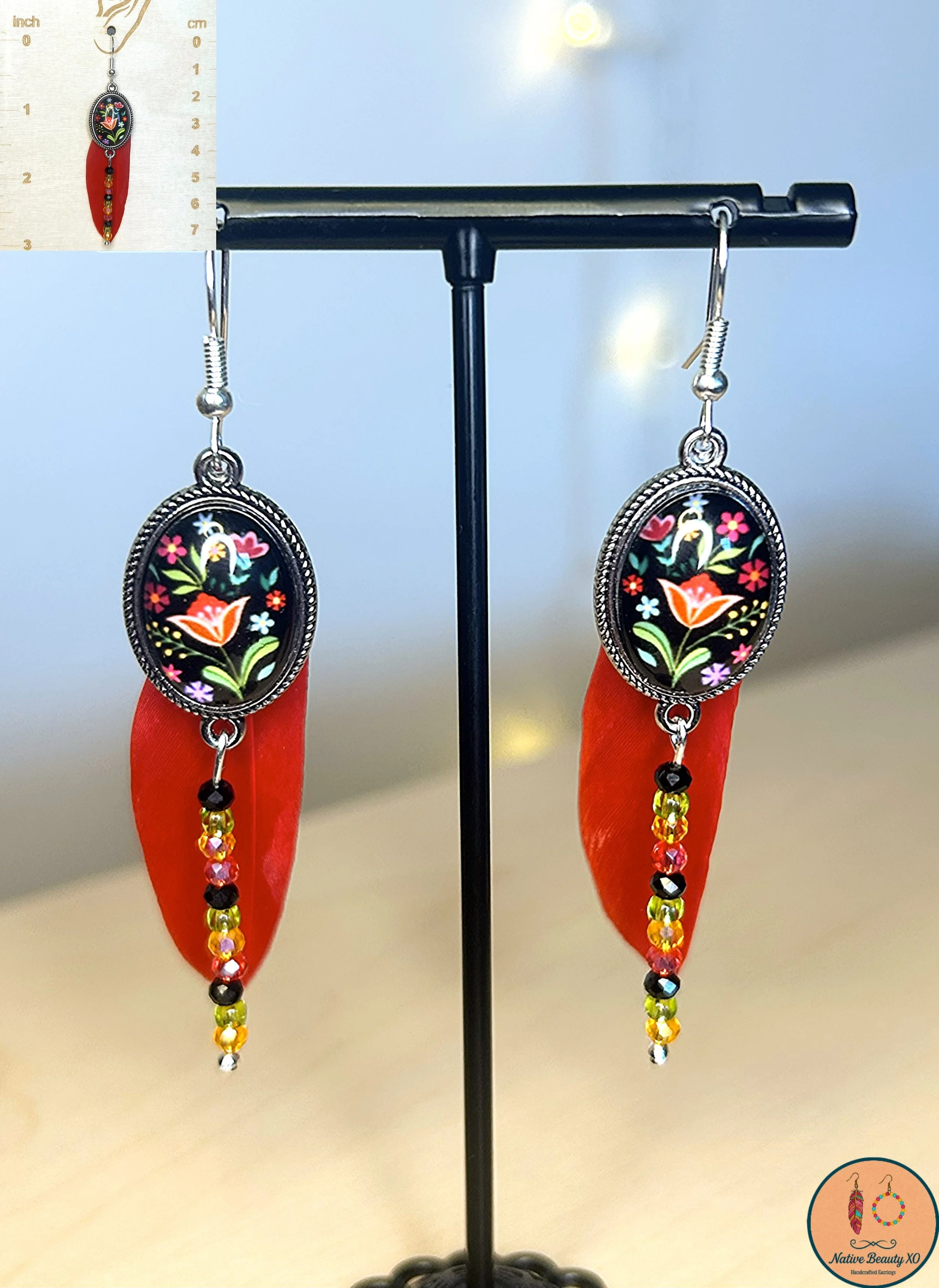 Red Feather Floral Beaded earrings