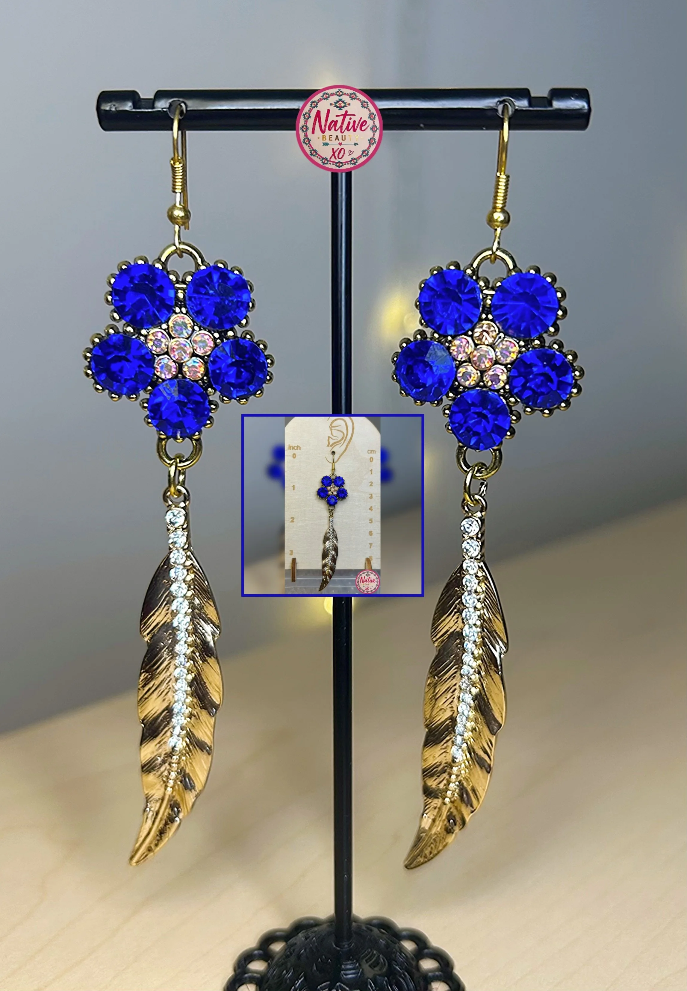 Royal Blue Rhinestone Flower & Feather earrings, Gold