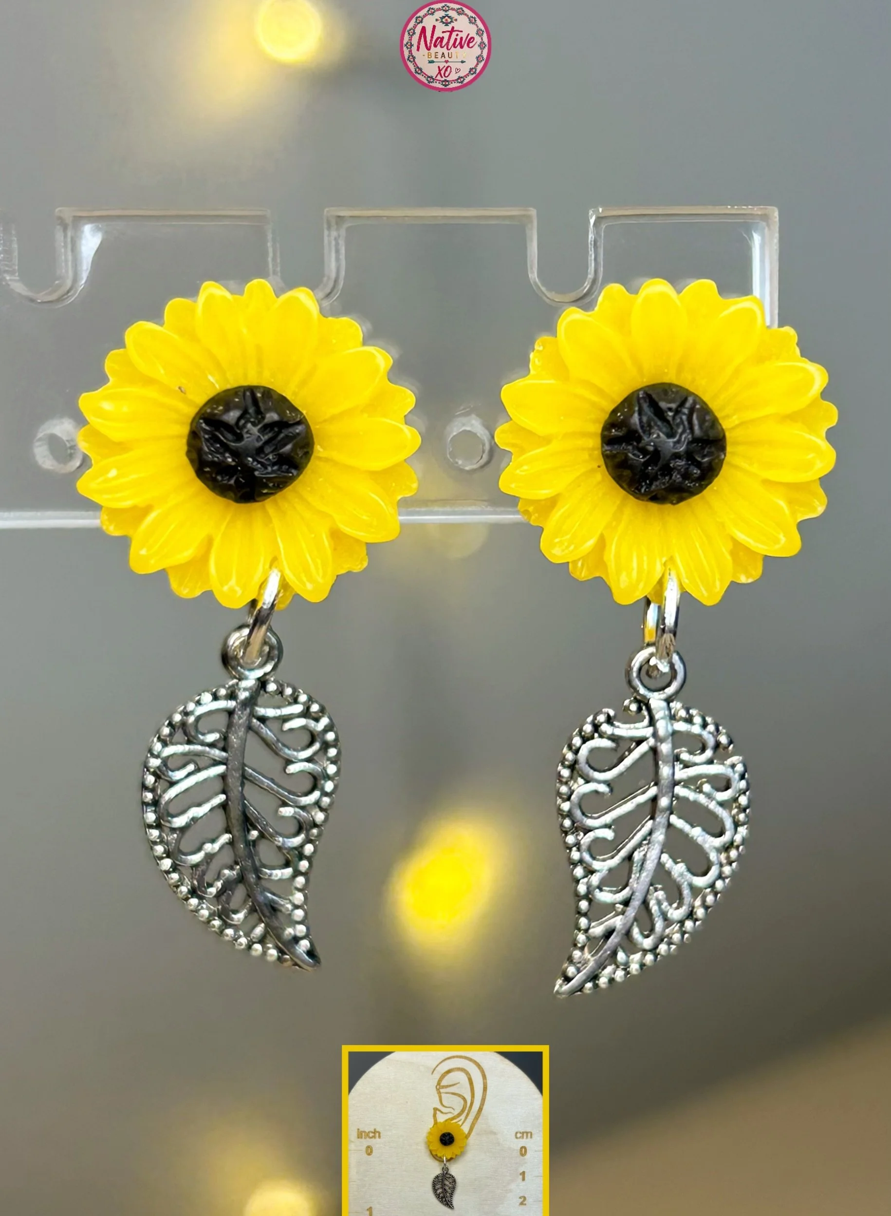 Sunflower & Silver Leaf Stud earrings