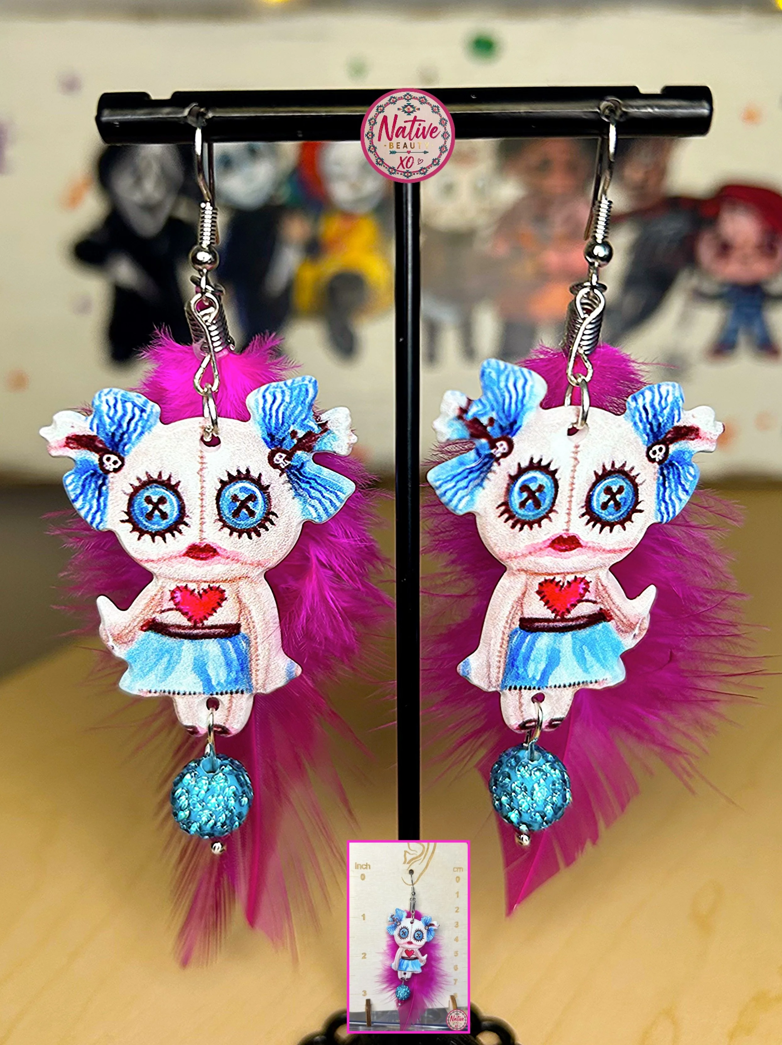 Pink Spooky Doll Feather earrings