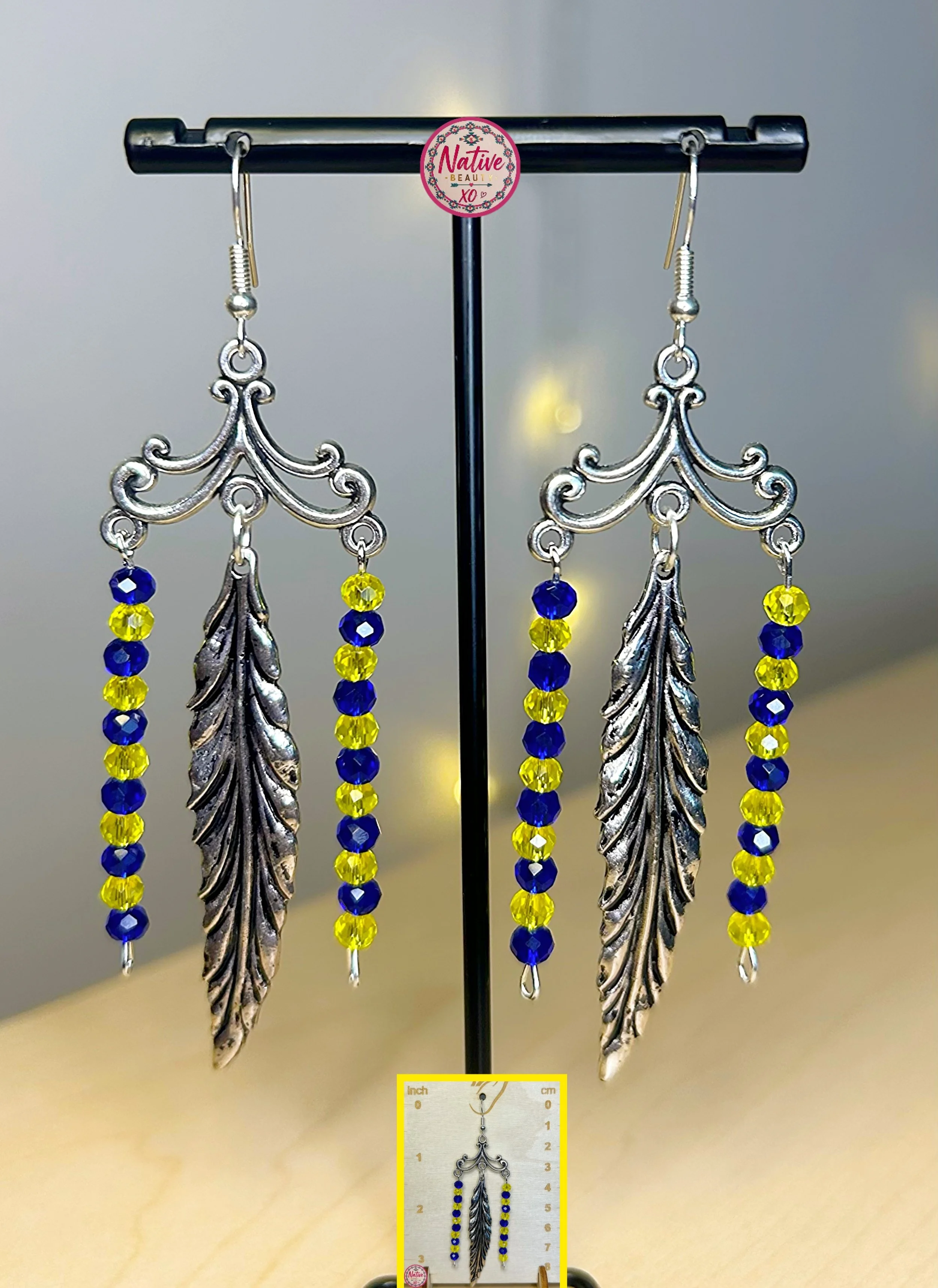 Blue & Yellow Feather Beaded earrings