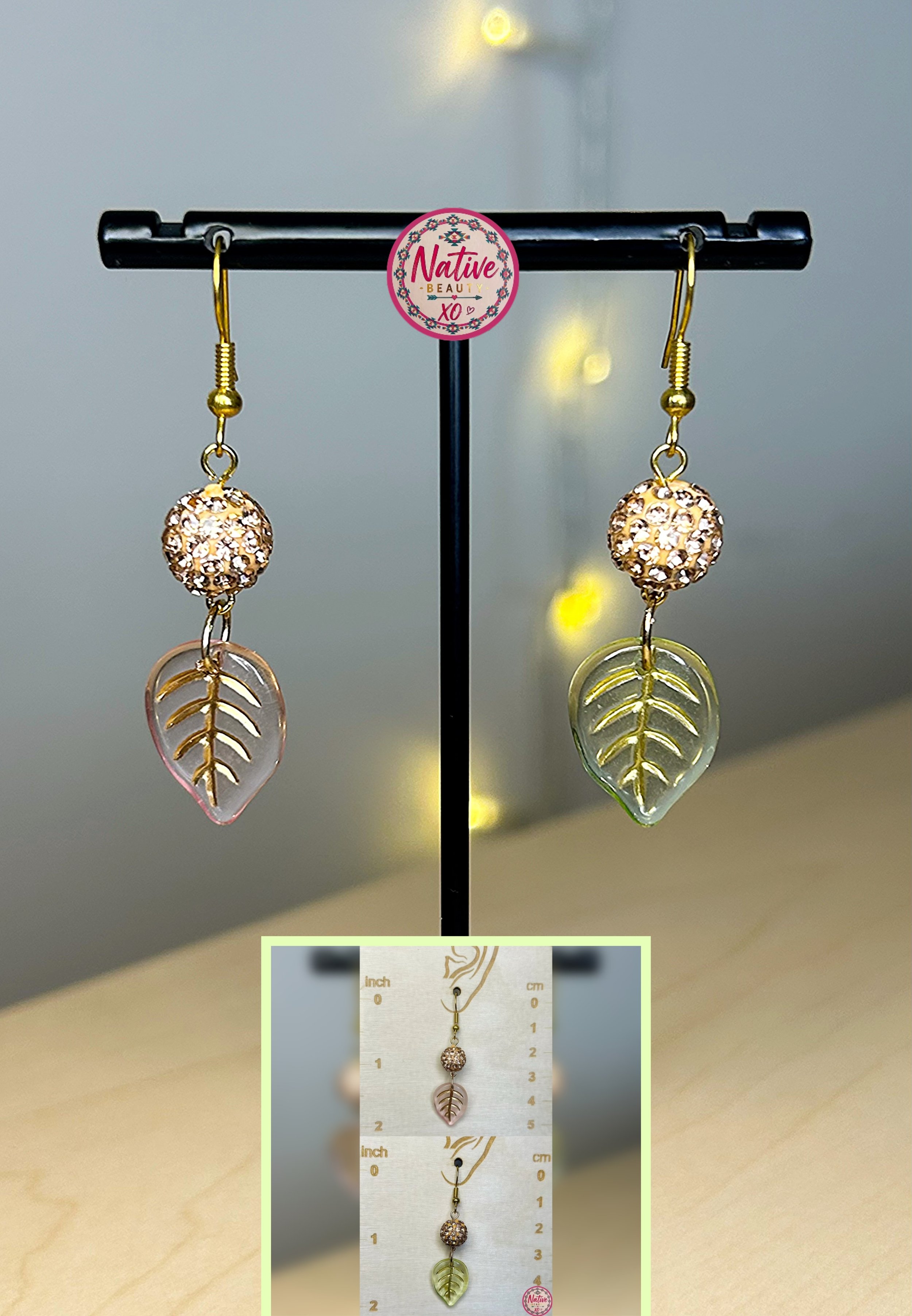 Fall Gold Rhinestone Ball & Leaf earrings