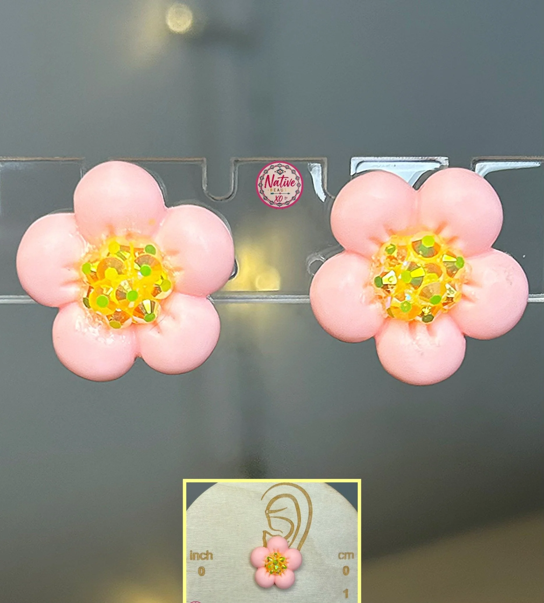 Pink & Yellow Rhinestone Flower Stud earrings