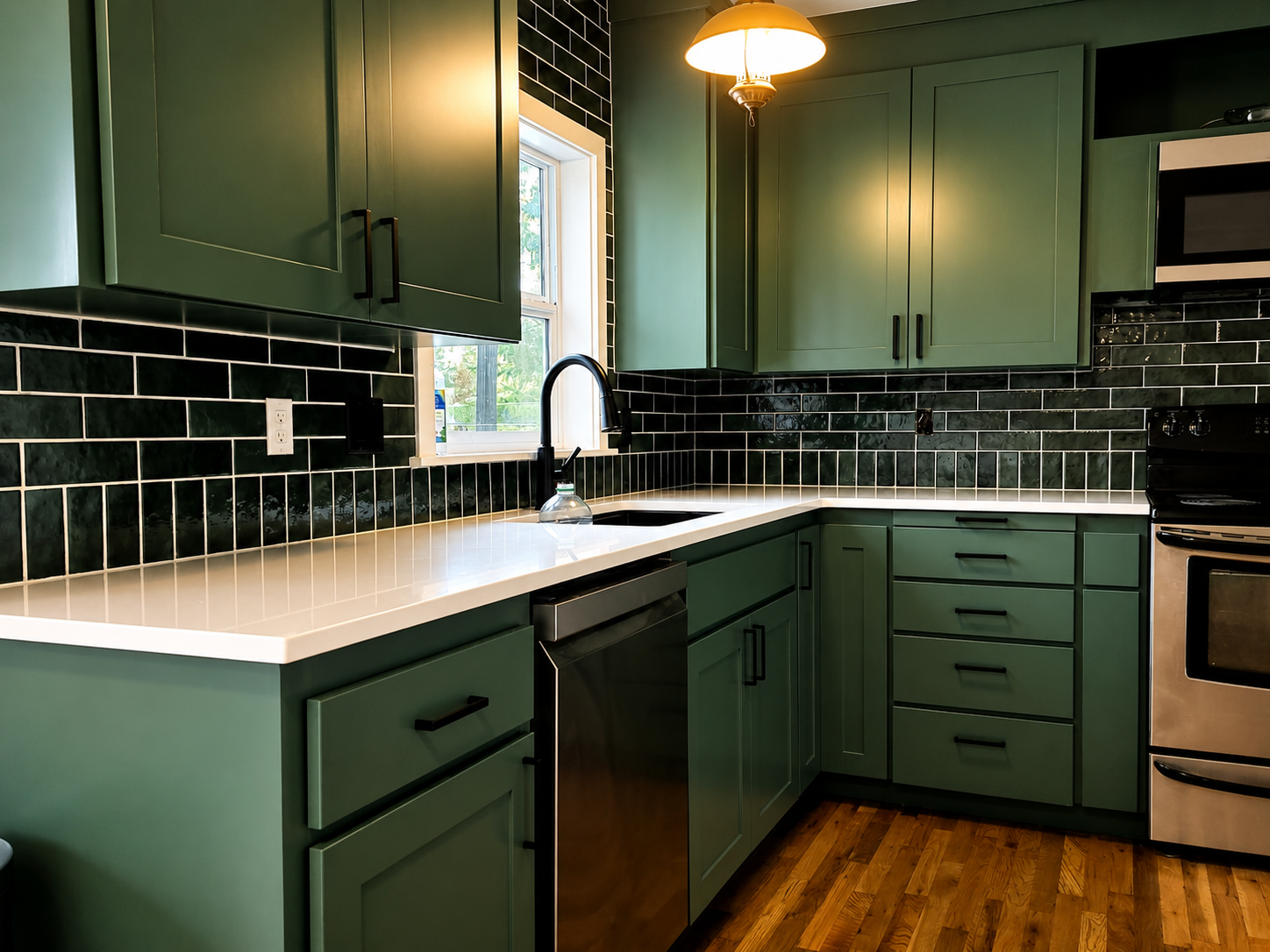 Green kitchen cabinets with black handles, black tile backsplash, white countertop, black faucet, and stainless steel appliances, including a stove and dishwasher, with wood flooring and a window near the sink.