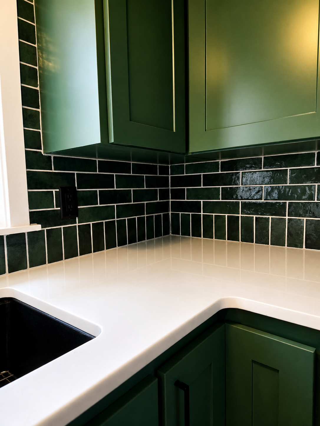 Completed detail: New countertops and tile backsplash meet the refurbished cabinetry.
